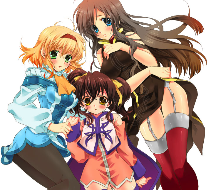 mami (apsaras), shuragyoku mami, anise tatlin, natalia luzu kimlasca lanvaldear, tear grants, tales of (series), tales of the abyss, 00s, 3girls, ascot, blonde hair, blue eyes, blush, brown hair, green eyes, hairband, long hair, multiple girls, orange ascot, pantyhose, short hair, thighhighs, twintails, yellow eyes