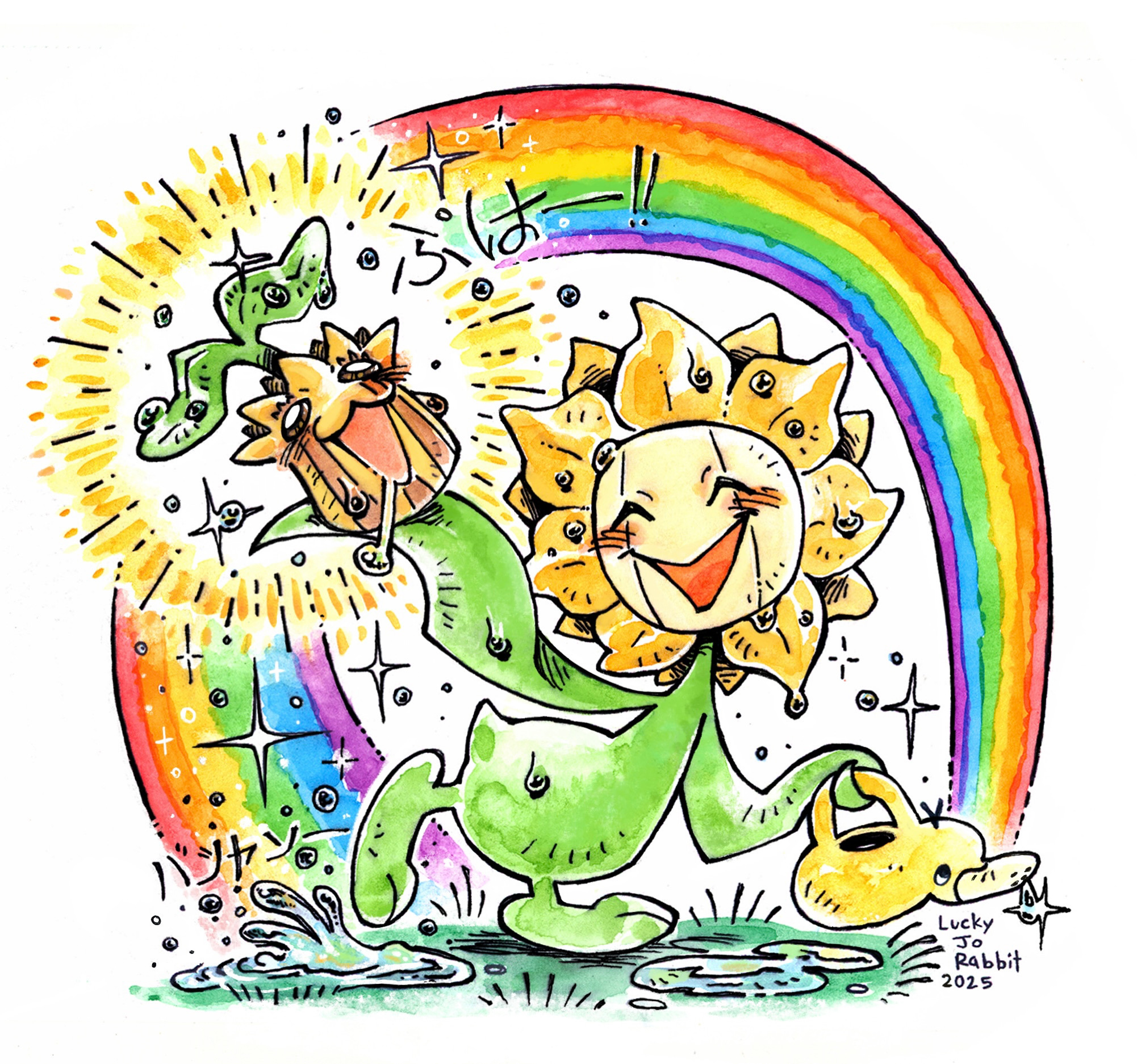 sunflora, sunkern, nintendo, pokemon, highres, painting (medium), traditional media, watercolor (medium), animal-shaped watering can, artist name, blush, closed eyes, evolutionary line, gen 2 pokemon, holding, holding watering can, luckyjorabbit, no humans, open mouth, pokemon (creature), puddle, rainbow, sparkle, watering can