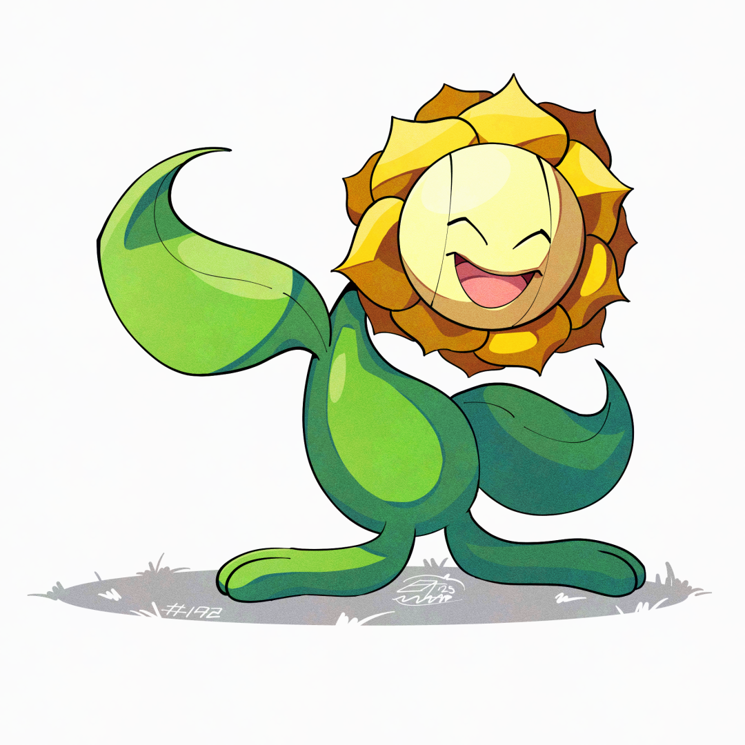 mistray-art, sunflora, nintendo, pokemon, closed eyes, gen 2 pokemon, looking at viewer, no humans, open mouth, pokemon (creature), solo, white background