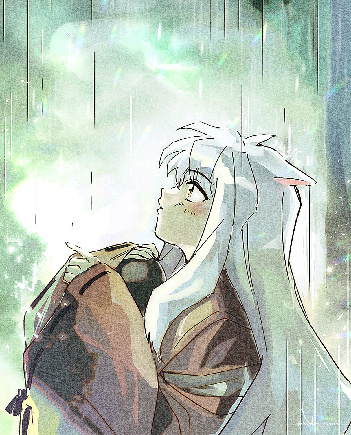 mxhxkxcx, inuyasha (character), inuyasha, commentary, highres, 1boy, animal ears, blush, from side, holding, japanese clothes, long hair, long sleeves, rain, ribbon-trimmed sleeves, ribbon trim, signature, solo, upper body, very long hair, white hair, wide sleeves, yellow eyes