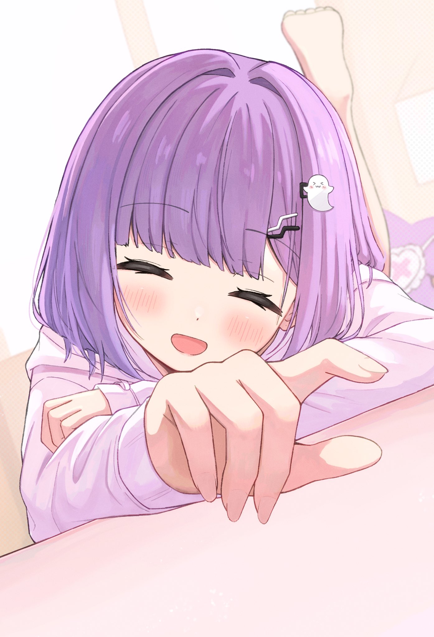 anku, shinomiya runa, vspo!, commentary, highres, 1girl, blush, closed eyes, facing viewer, ghost hair ornament, hair ornament, hairclip, indoors, long sleeves, medium hair, open mouth, purple hair, purple shirt, shirt, solo, virtual youtuber