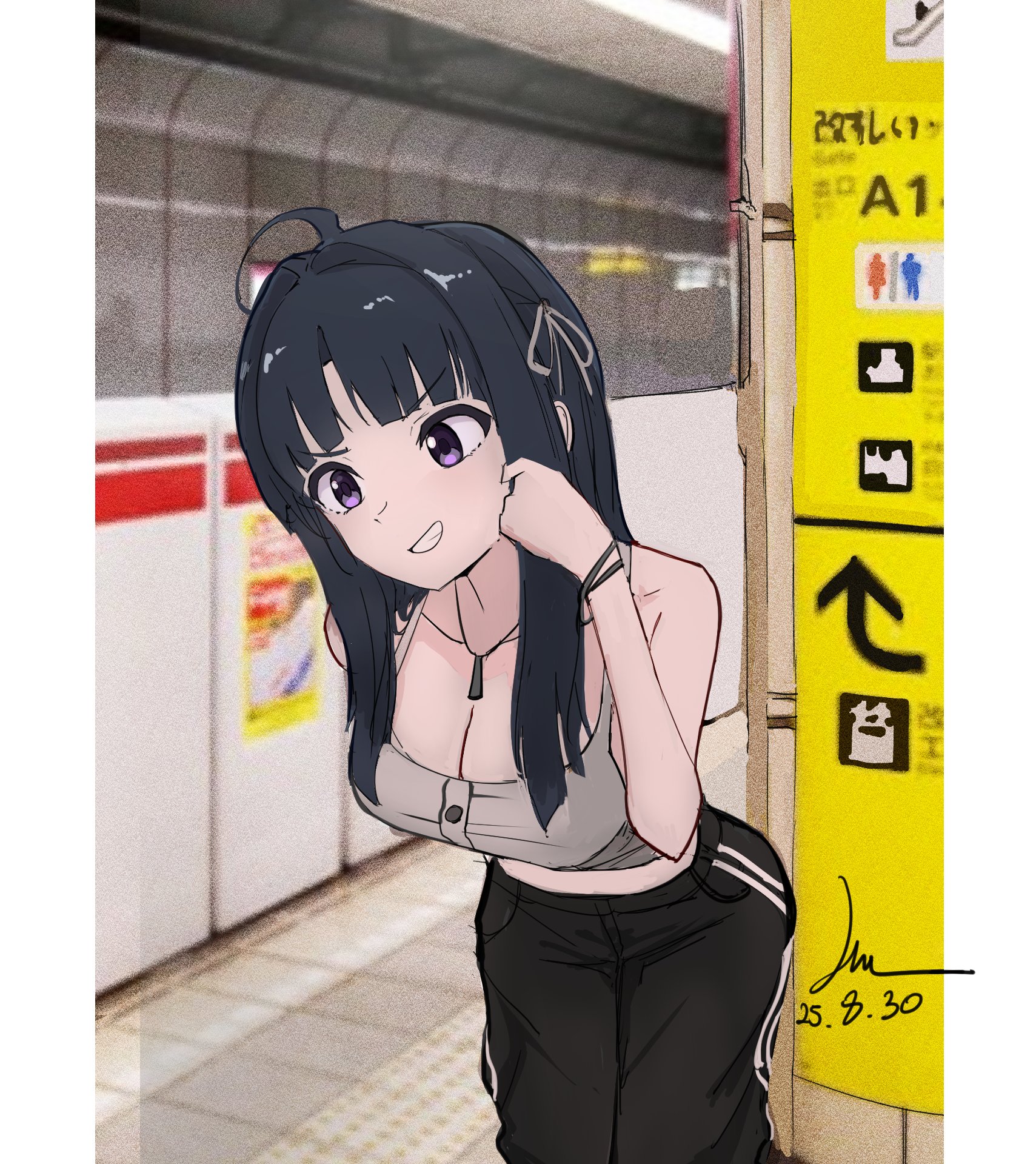 awa subaru, girls band cry, commentary, hashtag-only commentary, highres, 1girl, ahoge, black hair, black pants, breasts, camisole, cleavage, hair intakes, hair ribbon, hongkwi, large breasts, long hair, pants, photo background, purple eyes, ribbon, sidelocks, solo, white camisole