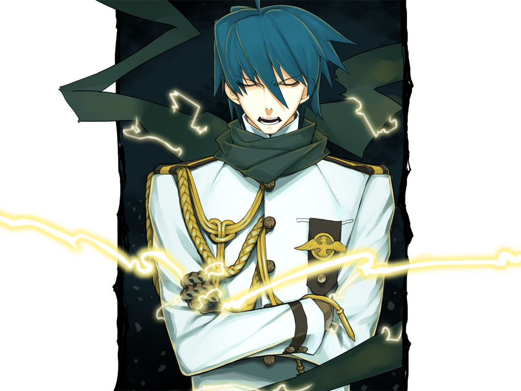 kome (vm500), ourai no gahkthun, steampunk (liarsoft), game cg, non-web source, official art, third-party source, 1boy, aiguillette, blue hair, closed eyes, crossed arms, electricity, gloves, lightning, male focus, military, military uniform, nikola tesla (ourai no gahkthun), open mouth, scarf, solo