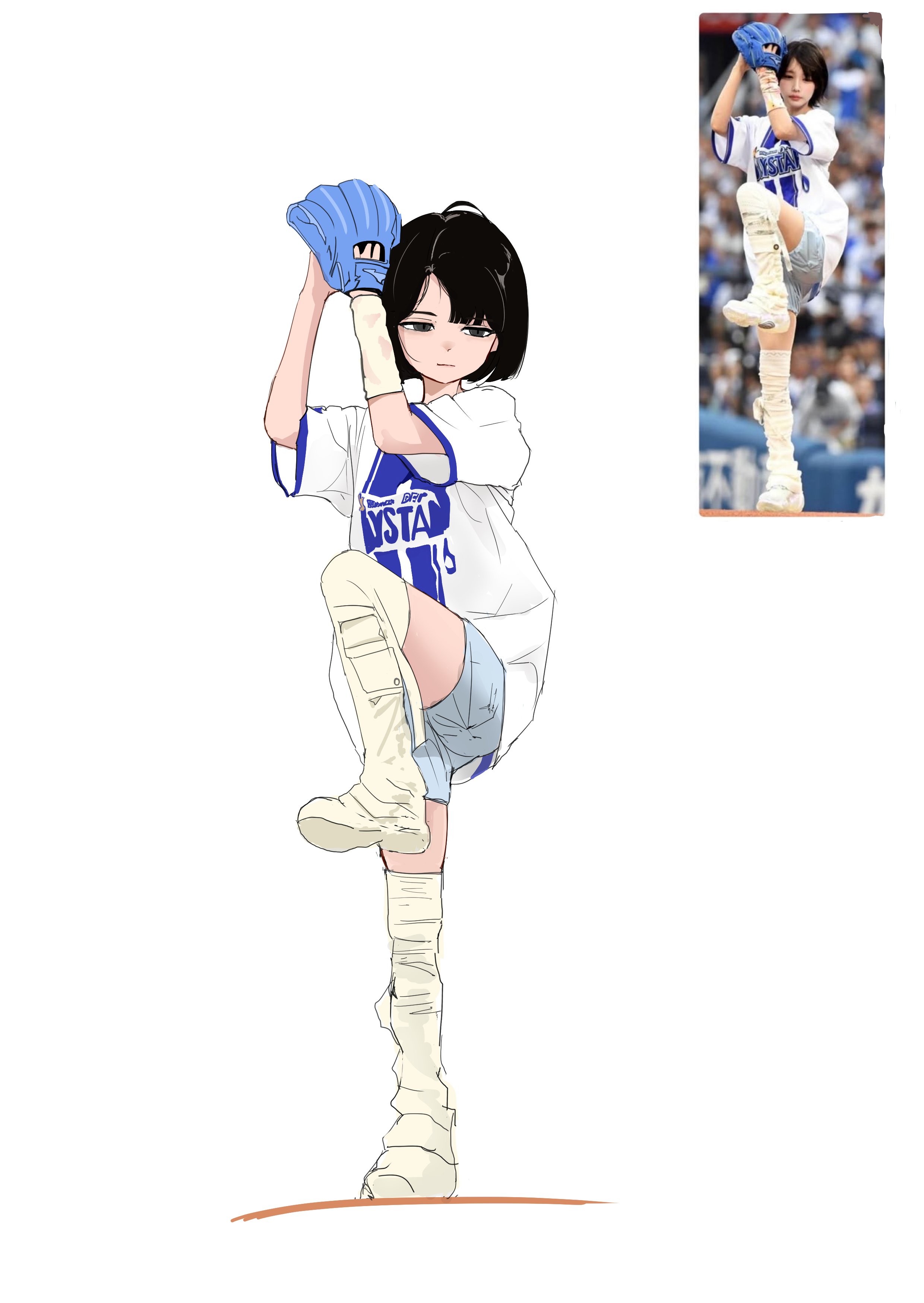 nippon professional baseball, real life, yokohama dena baystars, absurdres, commentary, hashtag-only commentary, highres, 1girl, ano (singer), baseball glove, baseball uniform, black eyes, black hair, blue shorts, closed mouth, hongkwi, pitching, reference inset, shirt, short hair, shorts, simple background, solo, sportswear, standing, standing on one leg, thighhighs, white background, white shirt, white thighhighs