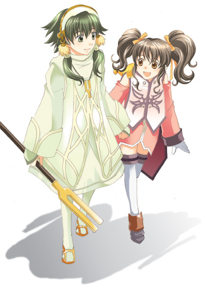 anise tatlin, ion (tales), tales of (series), tales of the abyss, 00s, 1boy, 1girl, brown eyes, brown hair, green eyes, green hair, hair tubes, pantyhose, smile, staff, thighhighs, trap, twintails