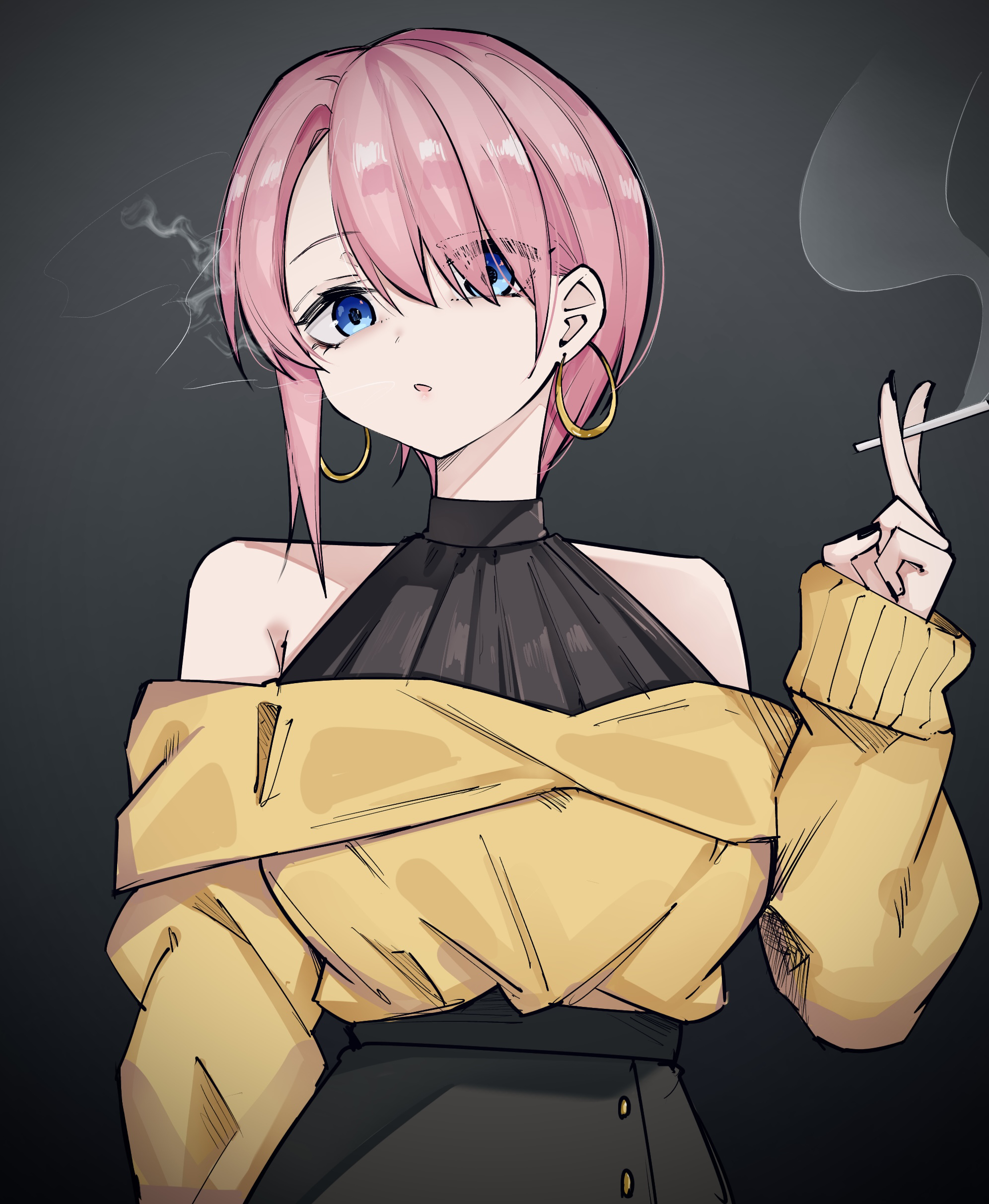 mame1645, nakano ichika, go-toubun no hanayome, absurdres, commentary request, highres, 1girl, bare shoulders, black nails, black shirt, black skirt, blue eyes, cigarette, dark background, earrings, eyes visible through hair, gradient background, holding, holding cigarette, hoop earrings, jewelry, long sleeves, off-shoulder shirt, off shoulder, parted lips, pink hair, shirt, short hair, skirt, sleeveless, sleeveless shirt, smoking, solo, sweater, upper body, yellow sweater
