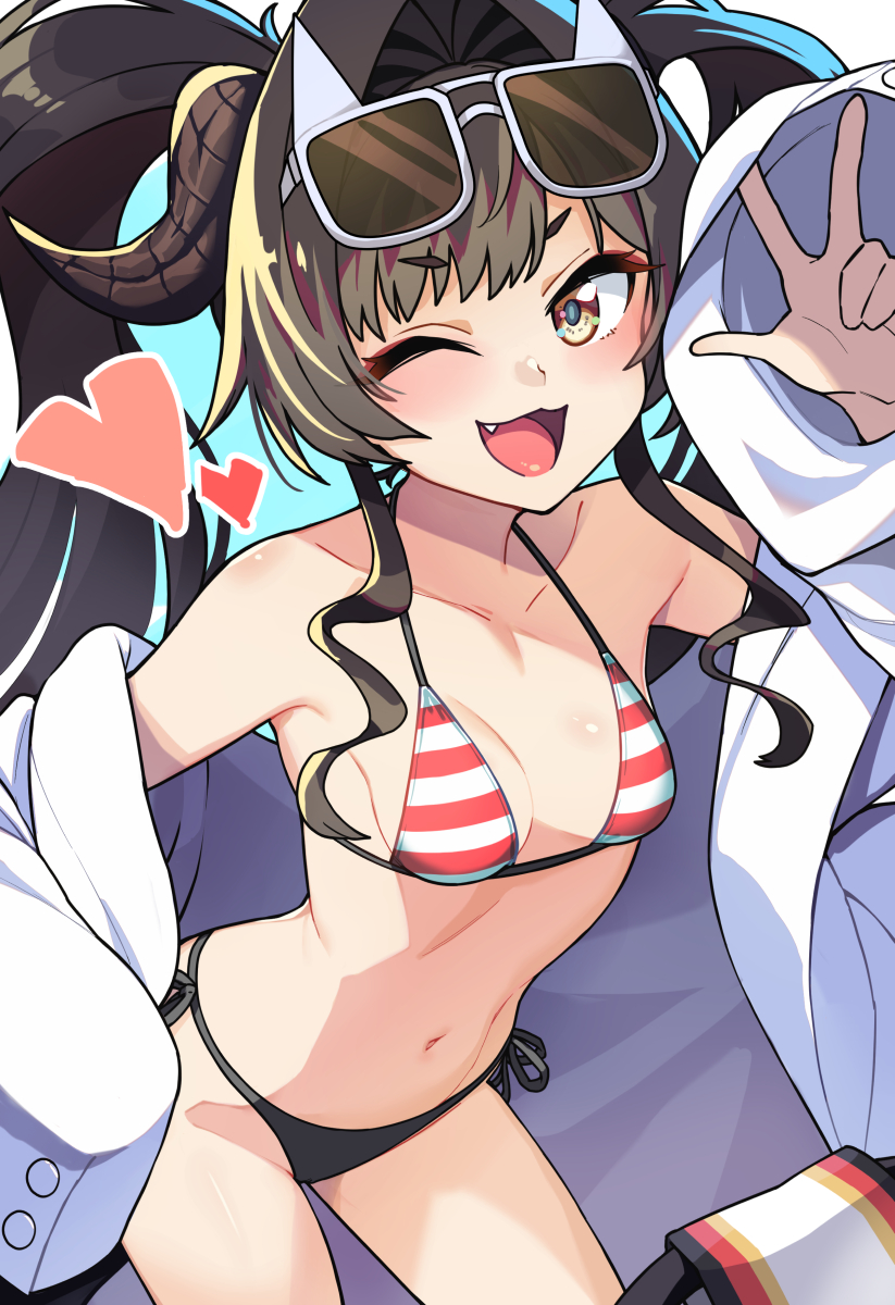 taketora suzume, kasumi (blue archive), kasumi (swimsuit) (blue archive), blue archive, commentary request, highres, 1girl, :3, bikini, black bikini, black hair, blush, breasts, brown eyes, coat, eyewear on head, fang, hair intakes, heart, horns, lab coat, long hair, long sleeves, medium breasts, one eye closed, open mouth, sidelocks, simple background, solo, striped bikini, striped clothes, swimsuit, tail, w, white background, white coat