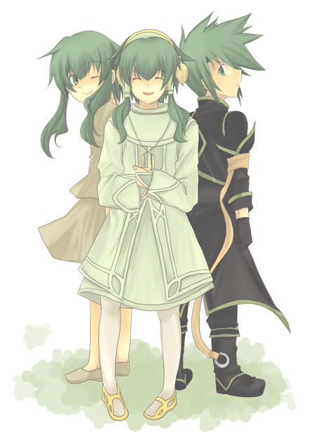 florian, florian (tales), ion (tales), sync (tales), tales of (series), tales of the abyss, spoilers, 00s, 3boys, green eyes, green hair, hair tubes, male focus, multiple boys, one eye closed, pantyhose, short hair with long locks, smile, trap, wink
