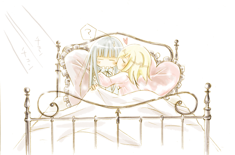 gigi, frederica bernkastel, lambdadelta, umineko no naku koro ni, bad id, bad pixiv id, 00s, 2girls, ?, bed, blonde hair, blue hair, blunt bangs, blush, heart, heart-shaped pillow, kiss, kissing cheek, long hair, monochrome, multiple girls, pajamas, pale color, pillow, ribbon, short hair, sweatdrop, yuri