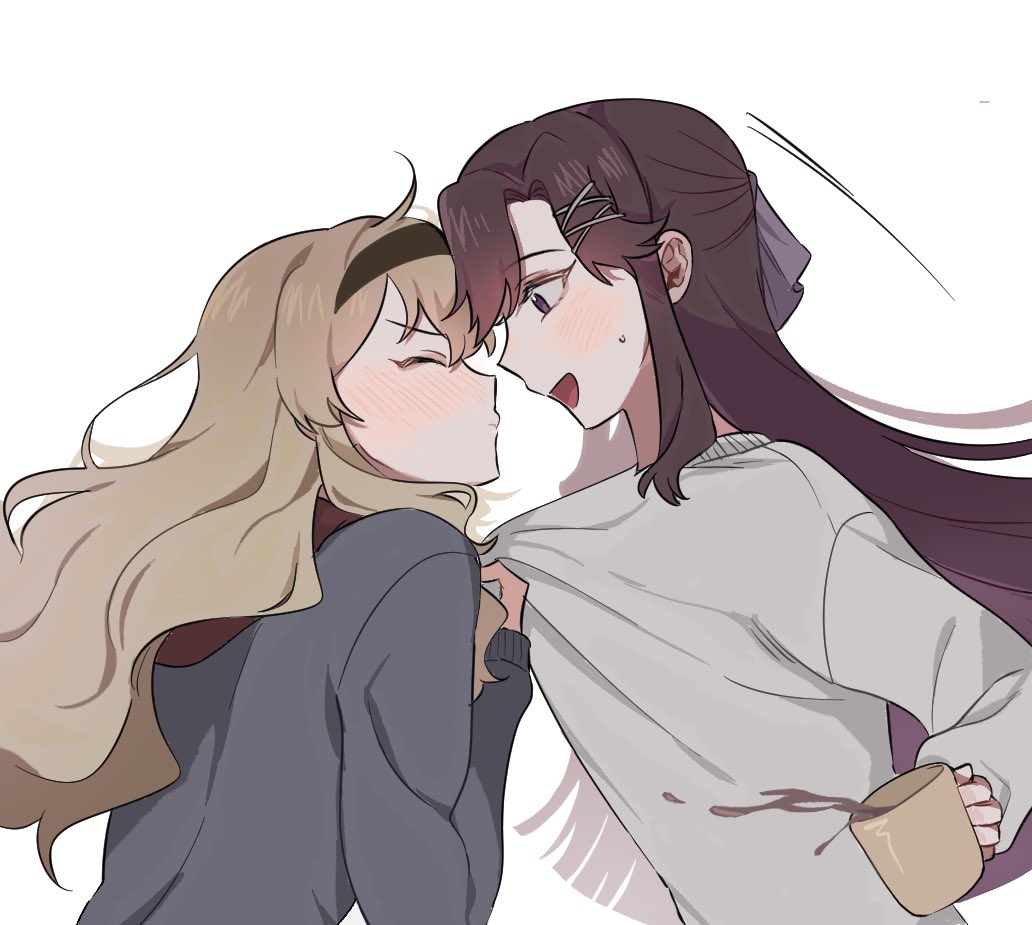 saijou claudine, tendou maya, shoujo kageki revue starlight, protected link, 2girls, black hairband, black sweater, blonde hair, blush, brown hair, closed eyes, closed mouth, coffee, coffee mug, cup, grey sweater, hairband, holding, holding cup, jap01111, long hair, mug, multiple girls, open mouth, puckered lips, simple background, smile, sweater, white background, yuri