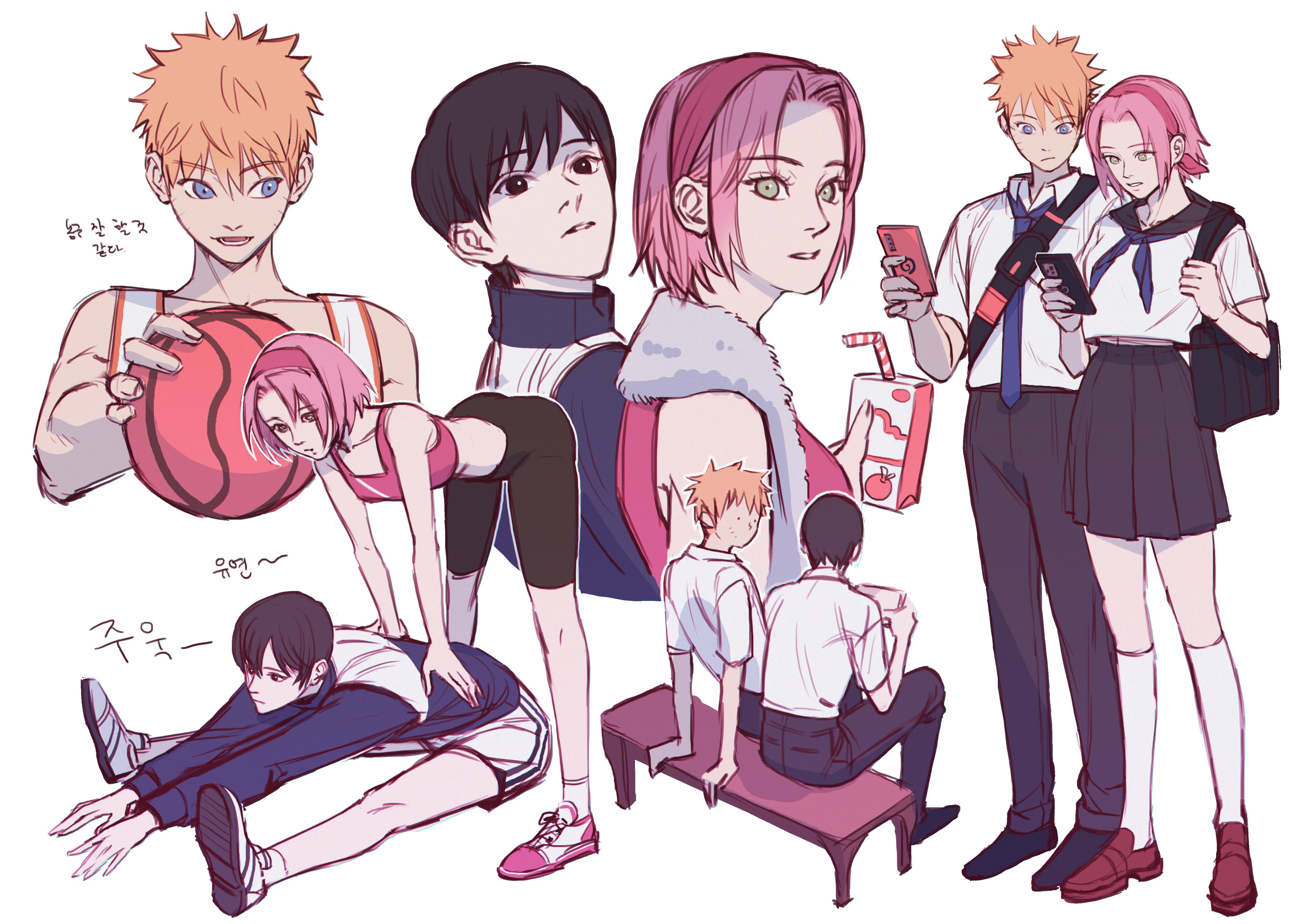 haruno sakura, sai (naruto), uchiha sasuke, naruto (series), naruto shippuuden, absurdres, commentary request, highres, korean commentary, translation request, 1girl, 2boys, alternate universe, bag, ball, basketball (object), basketball jersey, bench, bike shorts, black eyes, black hair, blonde hair, blue eyes, cellphone, green eyes, gym shorts, hairband, holding, holding ball, holding juice box, holding phone, jacket, korean text, miniskirt, multiple boys, negeotibeu dungji, phone, pink hair, pink hairband, pink sports bra, pleated skirt, school bag, school uniform, serafuku, shorts, sitting, skirt, smartphone, sports bra, stretching, track jacket