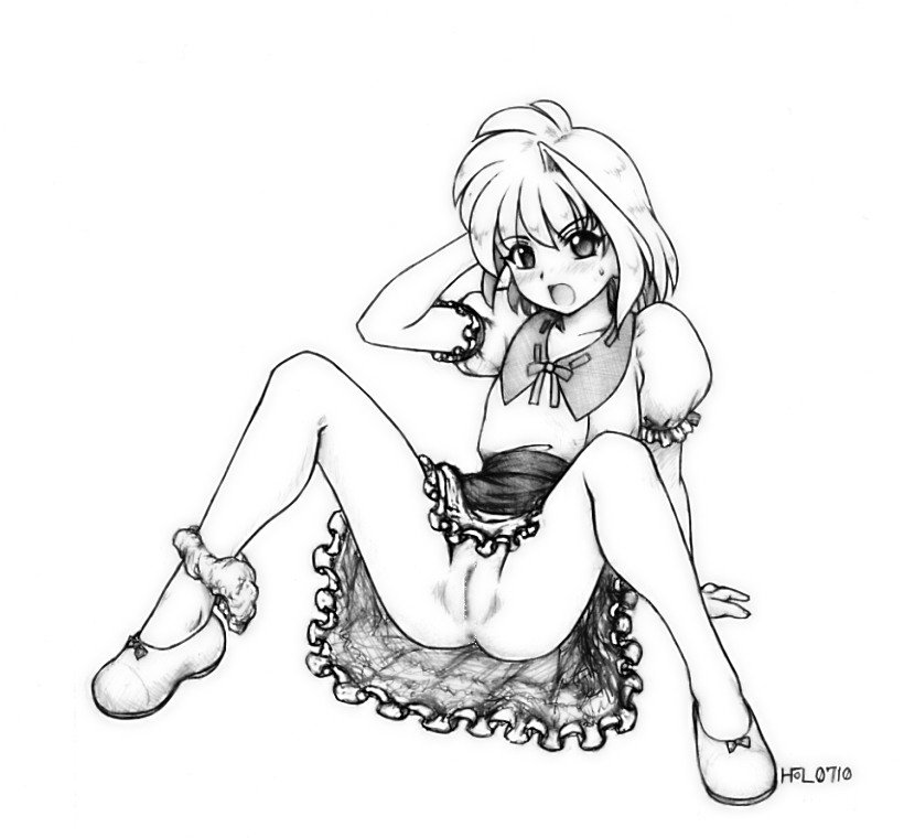 harumachi nagaaki, lemit mariena, eternal melody, 1girl, censored, cleft of venus, dress, female focus, full body, greyscale, legs, monochrome, no panties, panties, panties around leg, pussy, solo, spread legs, underwear
