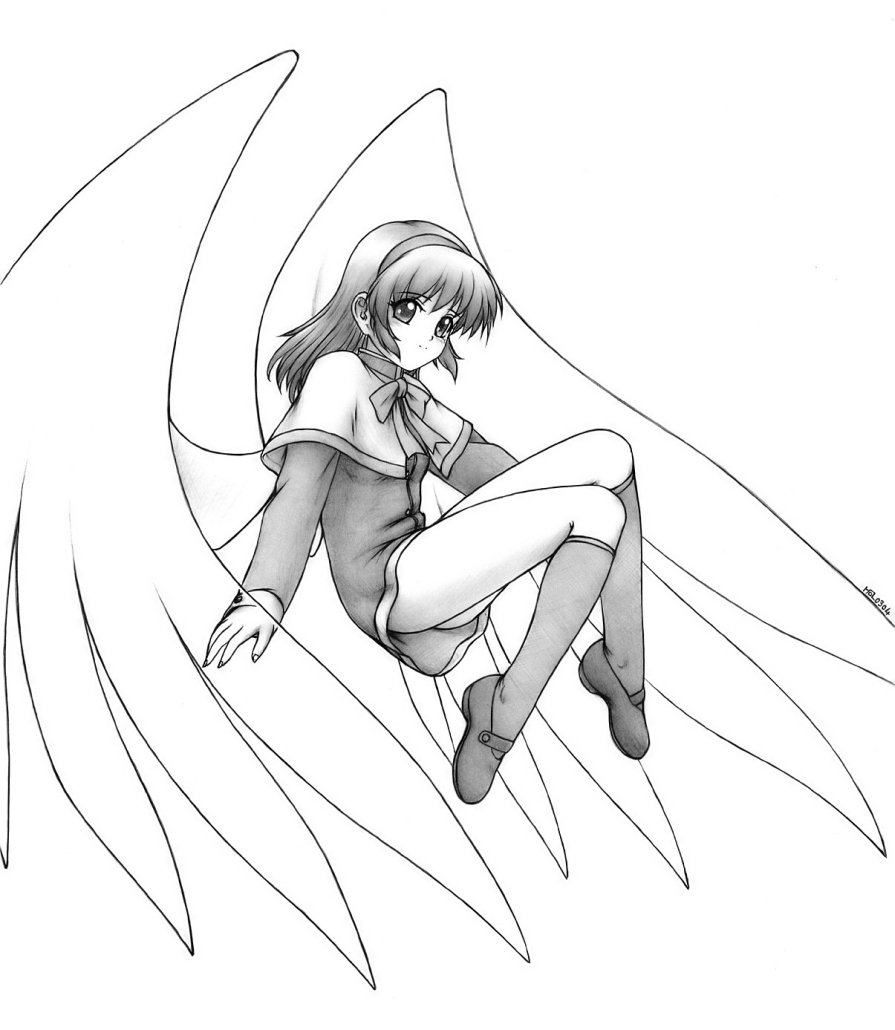 harumachi nagaaki, tsukimiya ayu, kanon, 1girl, female focus, full body, greyscale, hairband, kneehighs, legs, monochrome, ribbon, school uniform, serafuku, socks, solo, wings