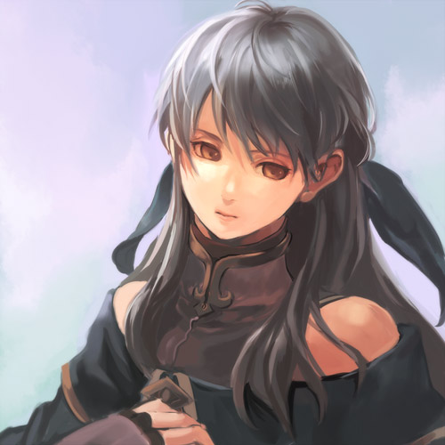 hanakago, micaiah (fire emblem), fire emblem, fire emblem: radiant dawn, nintendo, silver hair, lowres, gloves, half updo, long hair, portrait, ribbon, simple background, solo, yellow eyes