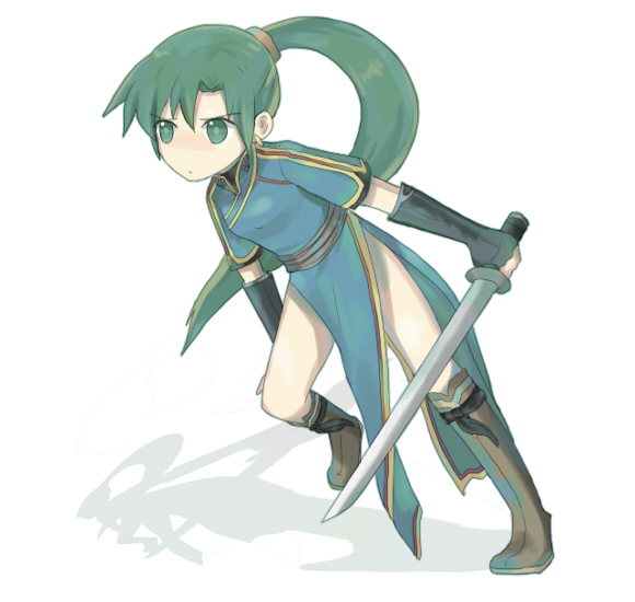 megata, lyn (fire emblem), fire emblem, fire emblem: the blazing blade, nintendo, bad id, bad pixiv id, 1girl, boots, earrings, female focus, fingerless gloves, full body, gloves, green eyes, green hair, jewelry, katana, long hair, matching hair/eyes, ponytail, solo, sword, very long hair, weapon