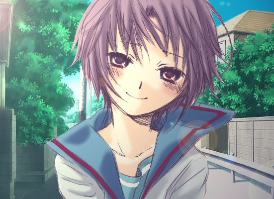 nagato yuki, suzumiya haruhi no yuuutsu, silver hair, non-web source, 00s, 1girl, female focus, outdoors, plant, school uniform, serafuku, short hair, sky, smile, solo, tree, yellow eyes