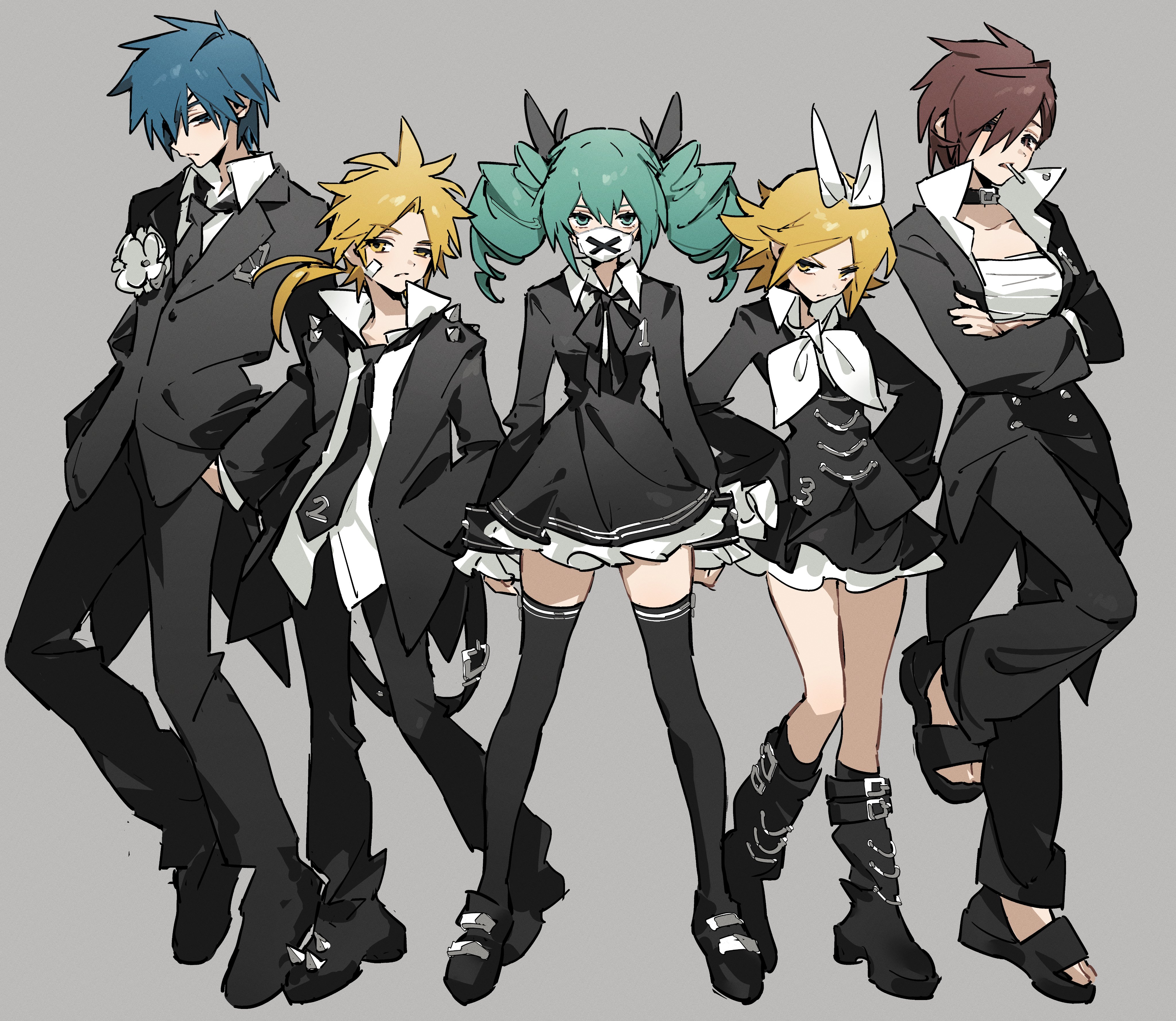 hatsune miku, kagamine len, kagamine rin, kaito (vocaloid), meiko (vocaloid), himitsu keisatsu (vocaloid), vocaloid, absurdres, highres, 2boys, 3girls, aqua hair, bandaid, bandaid on cheek, bandaid on face, black boots, black choker, black dress, black jacket, black necktie, black pants, black ribbon, black sandals, black shoes, black thighhighs, blonde hair, blue eyes, blue hair, boots, brown eyes, brown hair, chest sarashi, choker, closed mouth, collared shirt, crossed arms, dress, drill hair, grey background, gyu9447, hair over one eye, hair ribbon, hands on own hips, jacket, long hair, long sleeves, mask, mouth mask, multiple boys, multiple girls, necktie, pants, ribbon, sandals, sarashi, shirt, shoes, short hair, simple background, spiked hair, standing, thighhighs, twin drills, twintails, white mask, white ribbon, white shirt, yellow eyes