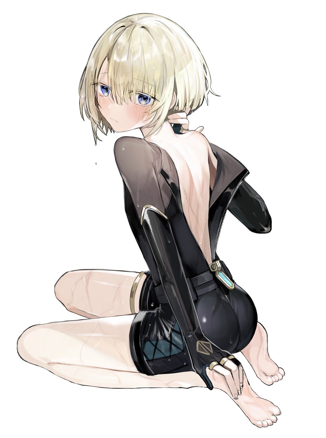 yoko (nz g), freminet (genshin impact), genshin impact, highres, 1boy, back, barefoot, black bodysuit, black gloves, black shorts, blonde hair, blue eyes, blush, bodysuit, closed mouth, feet, fingerless gloves, gloves, long sleeves, looking back, male focus, open clothes, short hair, shorts, solo, toes
