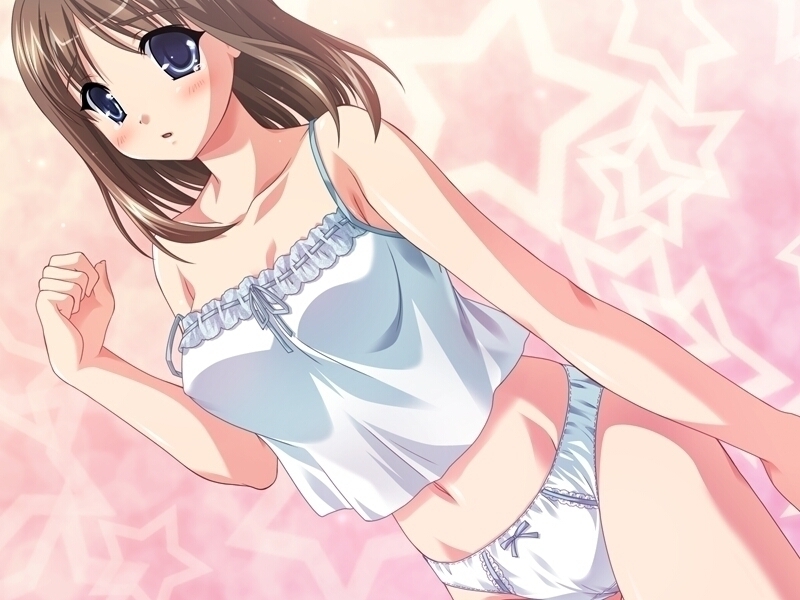 tsukasa yuuki, isono mayuka, natsumegu, game cg, non-web source, 1girl, blue eyes, blush, brown hair, camisole, dutch angle, female focus, lingerie, panties, short hair, solo, star (symbol), strap slip, tears, underwear, white panties