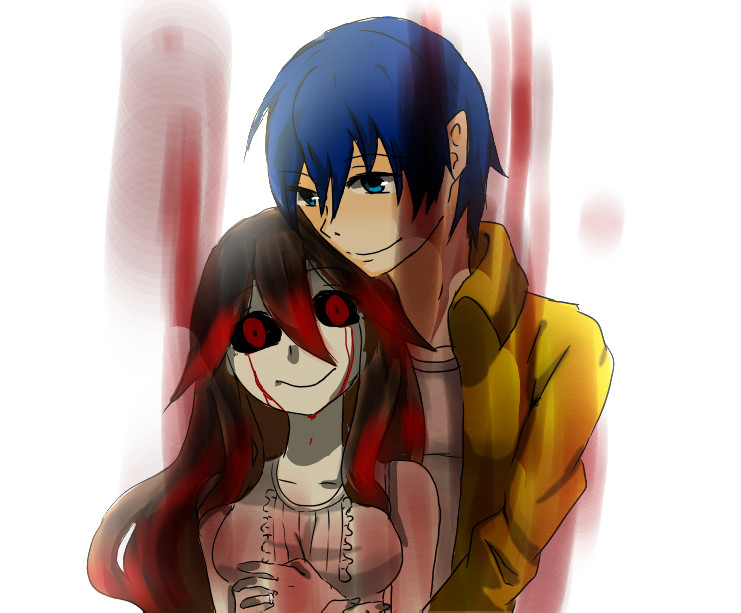 1boy, 1girl, airyou no nie, black hair, black sclera, blood, bloody tears, blue eyes, blue hair, brown eyes, colored sclera, dress, husband and wife, jacket, kamiki mika, koxtukei0304, long hair, saeki takuma, short hair, smile, undead, white dress