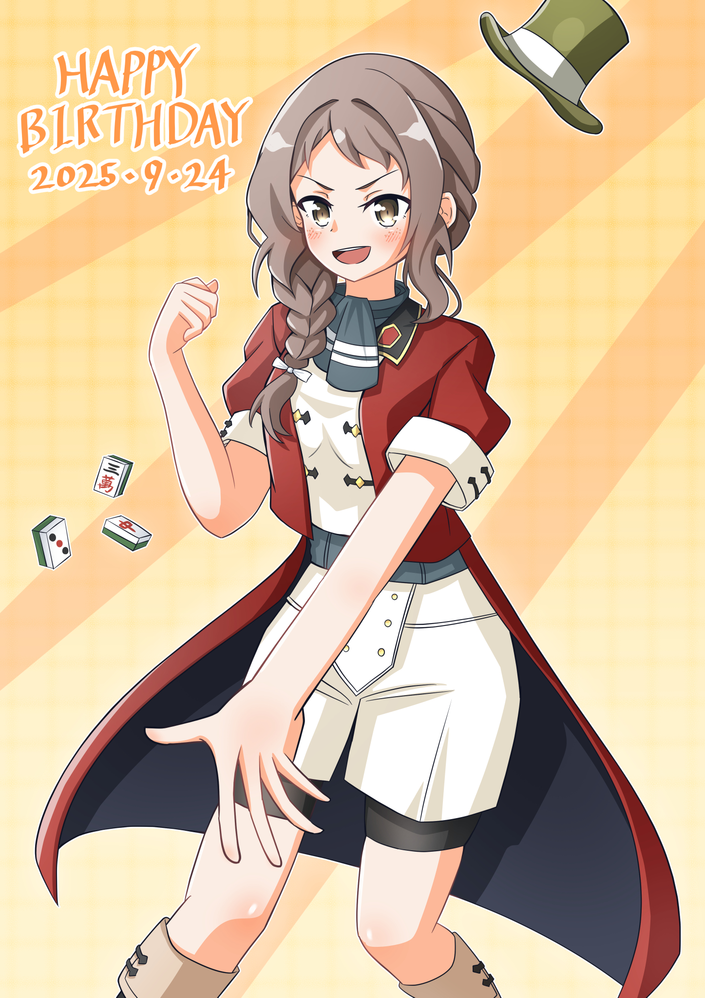 nogi wakaba wa yuusha de aru, yuusha de aru, highres, 1girl, :d, aki masuzu, ascot, bike shorts, bike shorts under shorts, birthday, black ascot, black shorts, blush, boots, braid, braided ponytail, brown eyes, brown hair, buttons, card, character name, clenched hand, coat, dated, double-breasted, english text, feet out of frame, hair over shoulder, hand up, happy birthday, hat, jacket, knee boots, long hair, looking at viewer, mahjong, mahjong tile, mini hat, mygod877sasa, open hand, open mouth, orange background, red coat, red jacket, scarf, shirt, short bangs, short sleeves, shorts, side braid, sidelocks, single braid, smile, solo, standing, teeth, top hat, unworn hat, unworn headwear, upper teeth only, v-shaped eyebrows, white shirt, white shorts, yellow background