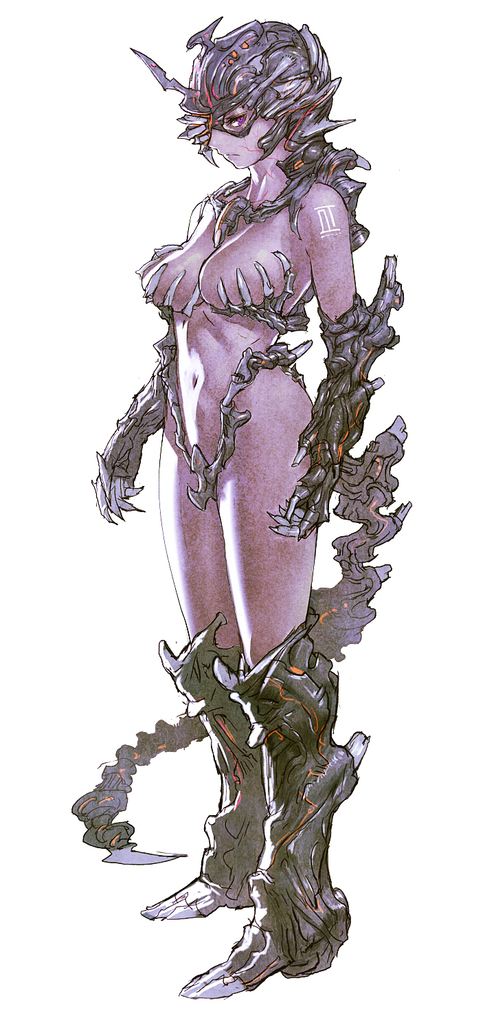 okojo, original, bad id, bad pixiv id, highres, 1girl, alien, armor, breasts, colored skin, female focus, navel, purple eyes, purple skin, solo, tattoo