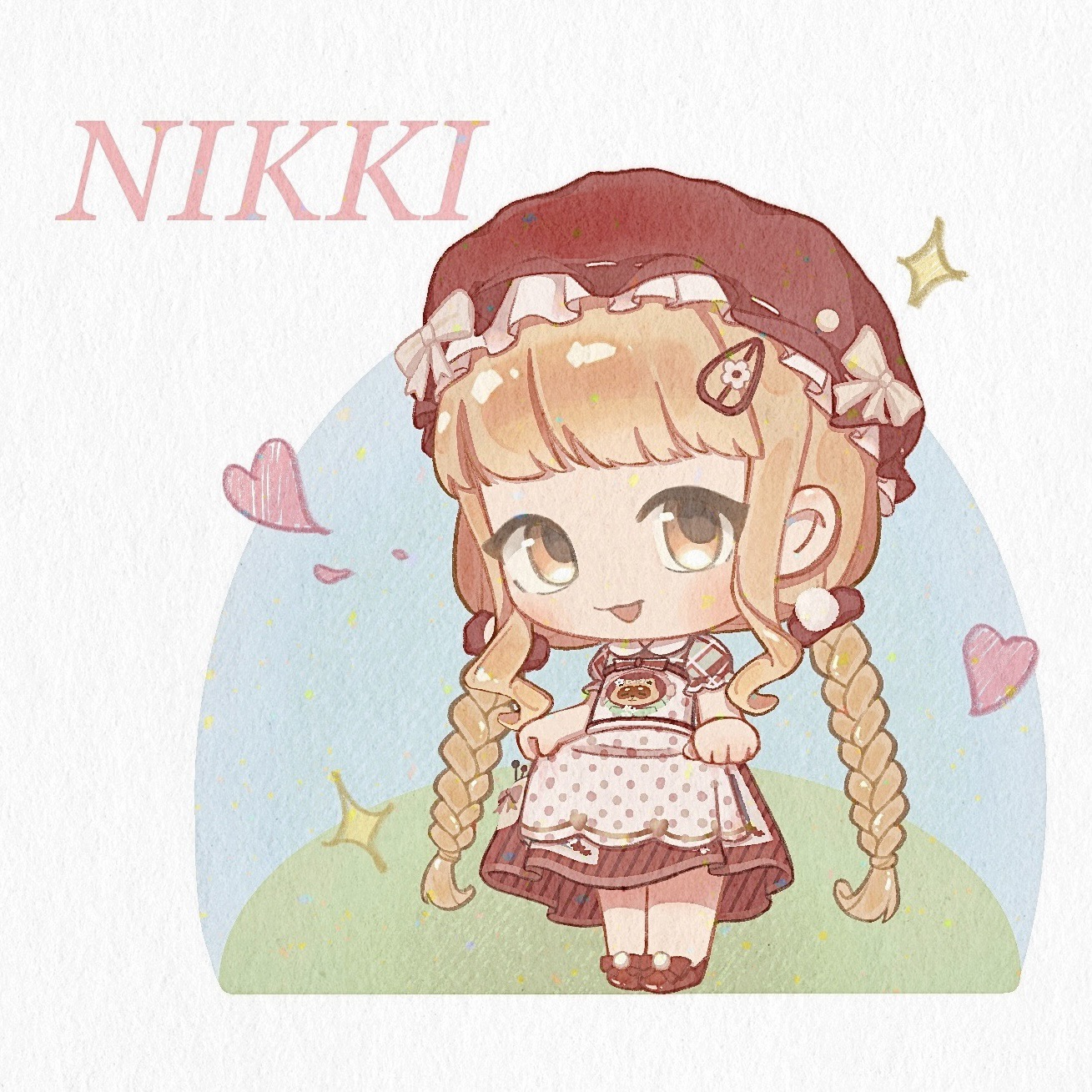 sweet jazz nights (infinity nikki), infinity nikki, nikki (series), chinese commentary, commentary request, highres, 1girl, apron, bare arms, blonde hair, blunt bangs, bow, braid, brown hair, chibi, collared dress, copyright name, dress, flower, footwear bow, fox39367, frilled headwear, frilled sleeves, frills, hair bow, hair flower, hair ornament, hairclip, happy, hat, hat bow, heart, light blush, long dress, long hair, low twin braids, mob cap, open mouth, plaid clothes, plaid dress, pleated dress, pocket, polka dot, polka dot apron, pom pom (clothes), pom pom hair ornament, print apron, puffy short sleeves, puffy sleeves, raccoon print, red bow, red dress, red hat, red shoes, ribbon-trimmed headwear, ribbon trim, sewing pin, shoes, short sleeves, sidelocks, skirt hold, smile, solo, sparkle, standing, twin braids, very long hair, white apron, white background, white bow, white flower