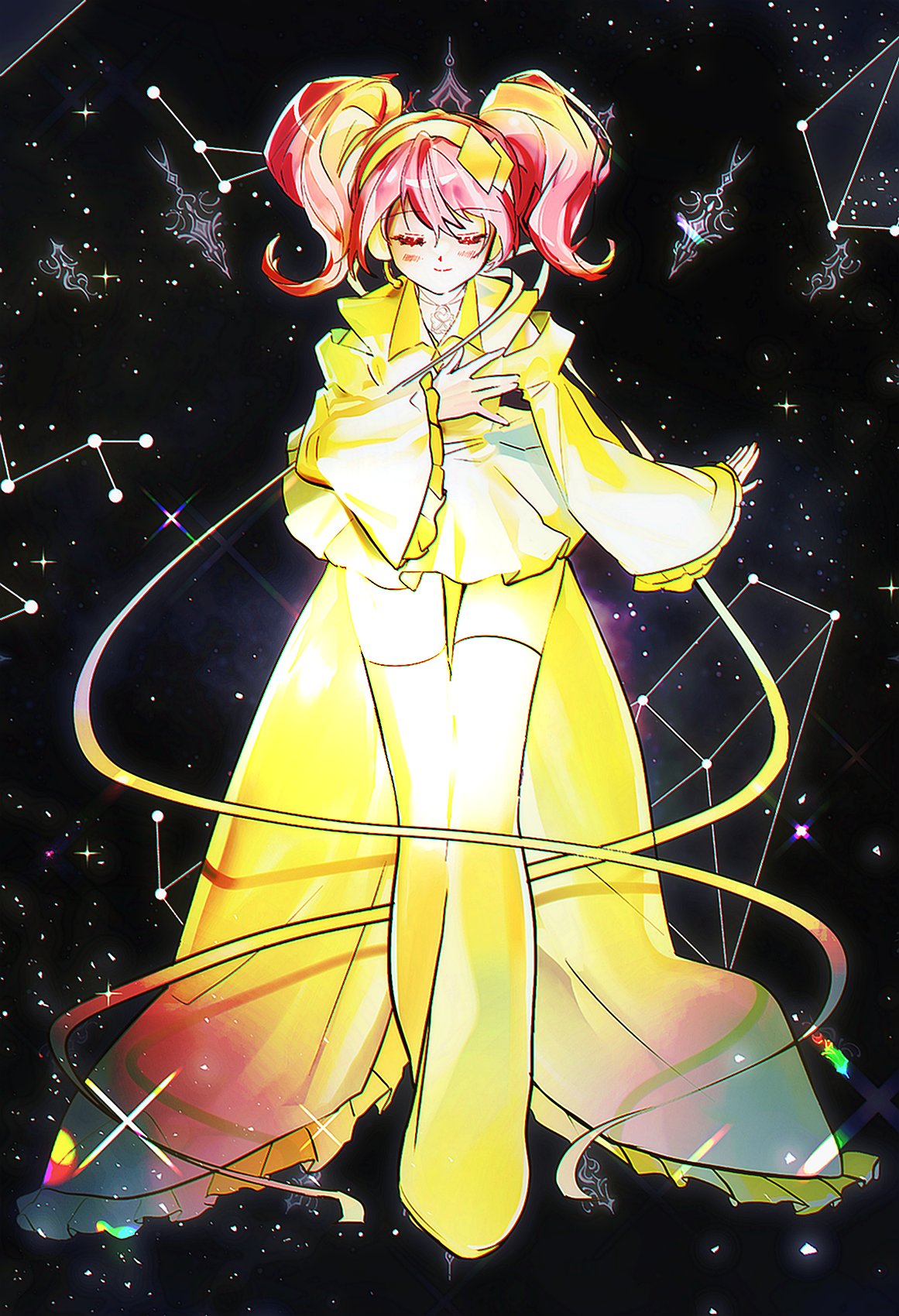 mxhxkxcx, hinamori amu, shugo chara!, commentary request, highres, 1girl, boots, closed eyes, constellation, full body, hairband, hand on own chest, long hair, pink hair, skirt, sleeves past wrists, solo, star (sky), thigh boots, twintails, yellow boots, yellow skirt
