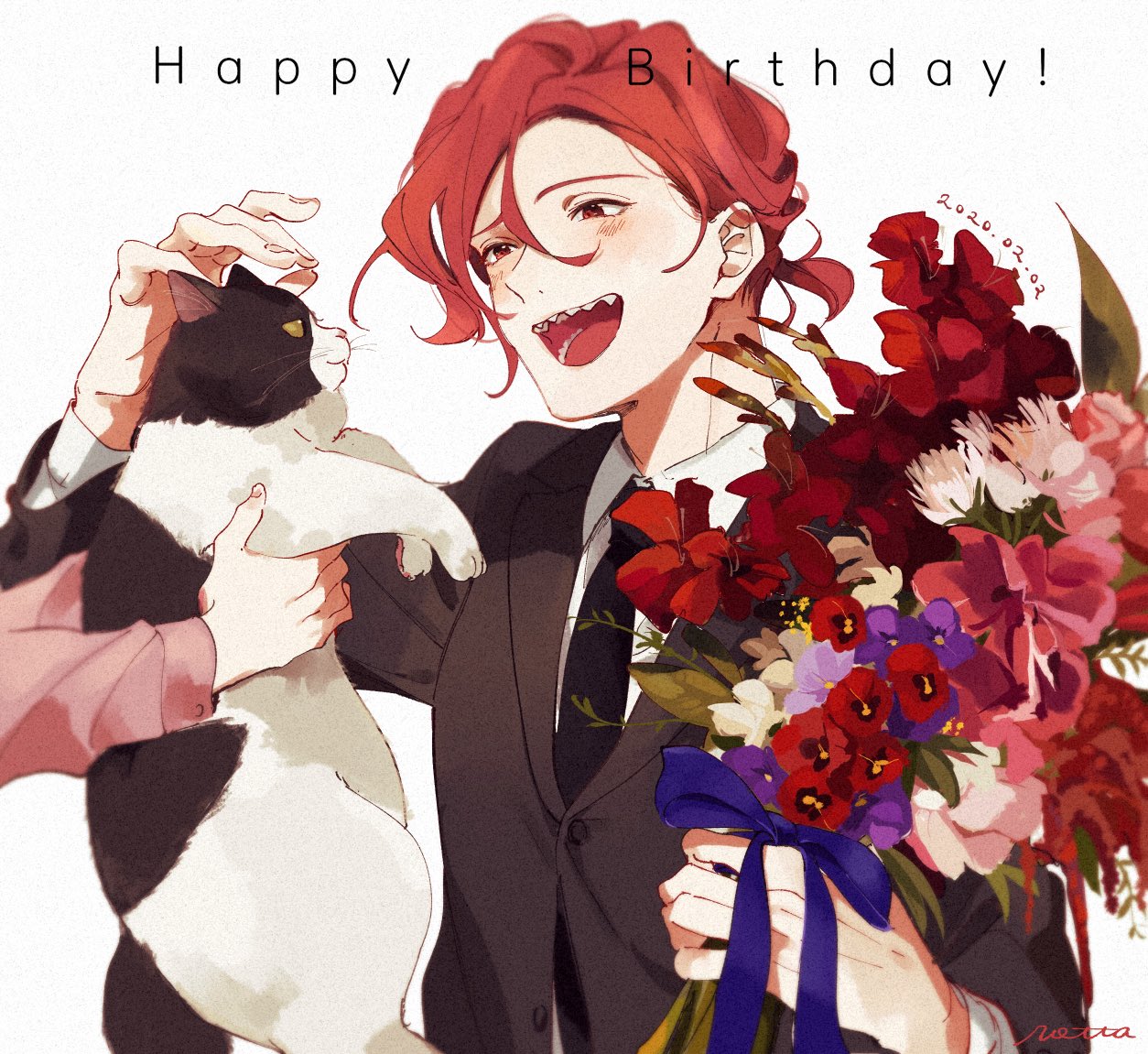 matsuoka rin, free!, commentary request, flower request, 1boy, black jacket, black necktie, blue ribbon, bouquet, cat, collared shirt, fingernails, flower, gladiolus, happy birthday, holding, holding bouquet, jacket, male focus, necktie, open mouth, ponytail, poppy (flower), red flower, red hair, ribbon, shaaark rotta03, sharp teeth, shirt, short ponytail, solo focus, teeth, white shirt