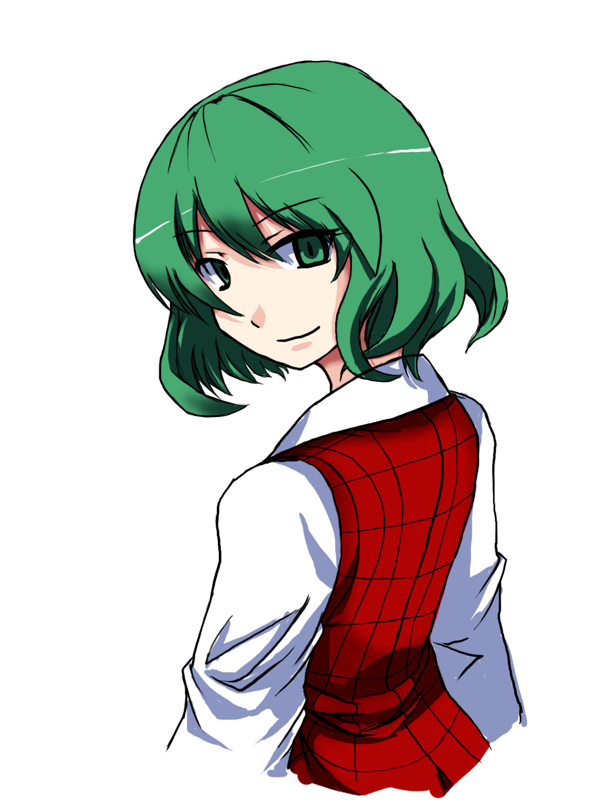 oyaji-sou, kazami yuuka, touhou, bad id, bad pixiv id, highres, 1girl, female focus, from behind, green eyes, green hair, looking back, matching hair/eyes, plaid clothes, plaid vest, short hair, smile, solo, upper body, vest, white background