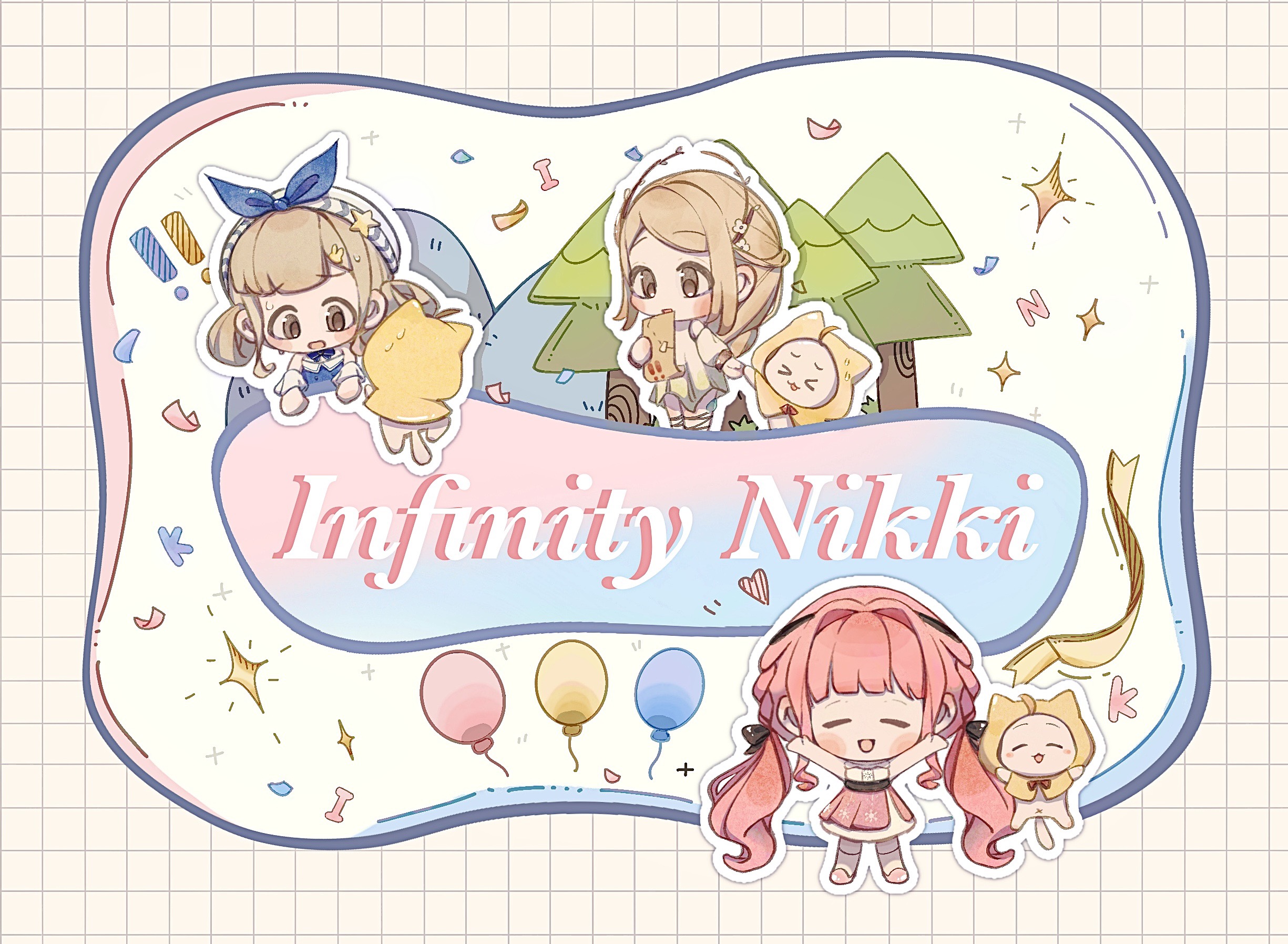 bubbly voyage (infinity nikki), momo (nikki), nikki (nikki), wind of purity (infinity nikki), infinity nikki, nikki (series), chinese commentary, commentary request, highres, !, !!, 3girls, :o, ^ ^, arms up, balloon, bare arms, bare shoulders, belt, beret, black belt, black bow, black ribbon, blonde hair, blue bow, blue bowtie, blue dress, blunt bangs, blush stickers, bow, bowtie, braid, brown eyes, brown ribbon, buttons, cat, cloak, closed eyes, collared dress, confetti, copyright name, detached sleeves, dress, ear covers, flower, fox39367, frilled shirt, frills, gradient clothes, gradient dress, green dress, grid background, hair bow, hair flower, hair intakes, hair ornament, hair ribbon, hairclip, happy, hat, hat bow, hat ornament, holding, holding hands, holding map, hood, hood up, hooded cloak, jumping, kneehighs, layered skirt, leg ribbon, long hair, long sleeves, low-tied long hair, low twintails, map, medium dress, medium skirt, mountain, multiple girls, multiple persona, multiple views, navel, open mouth, outline, outside border, pink hair, pink shoes, pink skirt, pleated dress, pleated skirt, print dress, puffy long sleeves, puffy sleeves, rabbit hair ornament, red bow, red bowtie, ribbon, see-through clothes, shirt, shoes, short sleeves, sidelocks, skirt, sleeveless, sleeveless shirt, smile, snowflake print, socks, sparkle, star (symbol), star hat ornament, strapless, strapless dress, sweat, traditional bowtie, tree, tress ribbon, twin braids, twintails, two-tone dress, very long hair, wavy hair, white background, white cat, white dress, white flower, white hat, white outline, white shirt, white skirt, white sleeves, white socks, yellow cloak