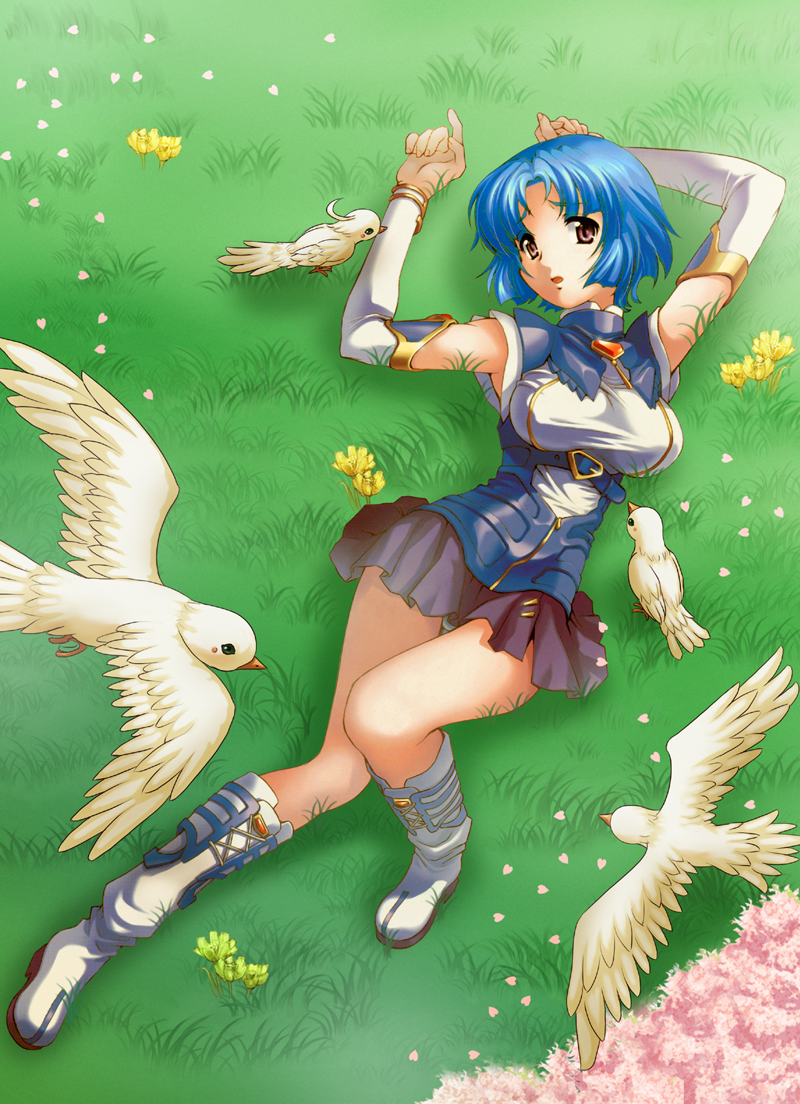 kusuha mizuha, banpresto, super robot wars, highres, bird, blue hair, boots, brown eyes, flower, lying, panties, short hair, skirt, solo, underwear, white panties