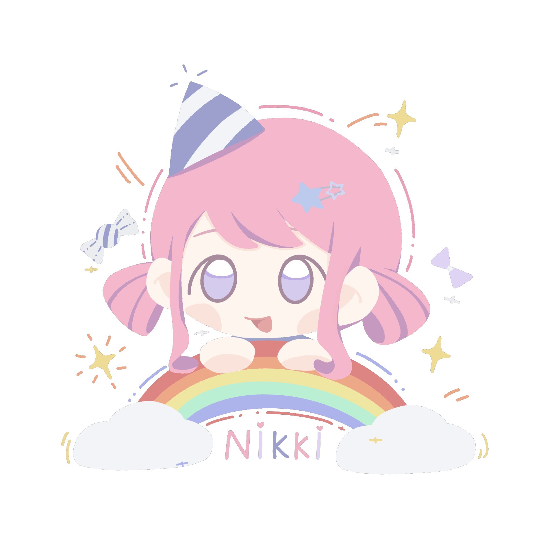 infinity nikki, nikki (series), chinese commentary, commentary request, highres, 1girl, blue shirt, blush stickers, candy, chibi, cloud, copyright name, cropped torso, double bun, food, fox39367, hair bun, hair ornament, hairclip, happy, hat, looking ahead, open mouth, party hat, pink hair, purple eyes, purple hat, rainbow, shirt, short hair with long locks, sidelocks, simple background, smile, solo, sparkle, star (symbol), star hair ornament, striped hat, stylist (nikki), swept bangs, two-tone hat, white background, white hat