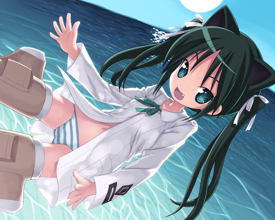 kiira, francesca lucchini, strike witches, world witches series, 00s, 1girl, animal ears, cameltoe, fang, female focus, loli, panties, solo, striker unit, striped clothes, striped panties, twintails, underwear, water