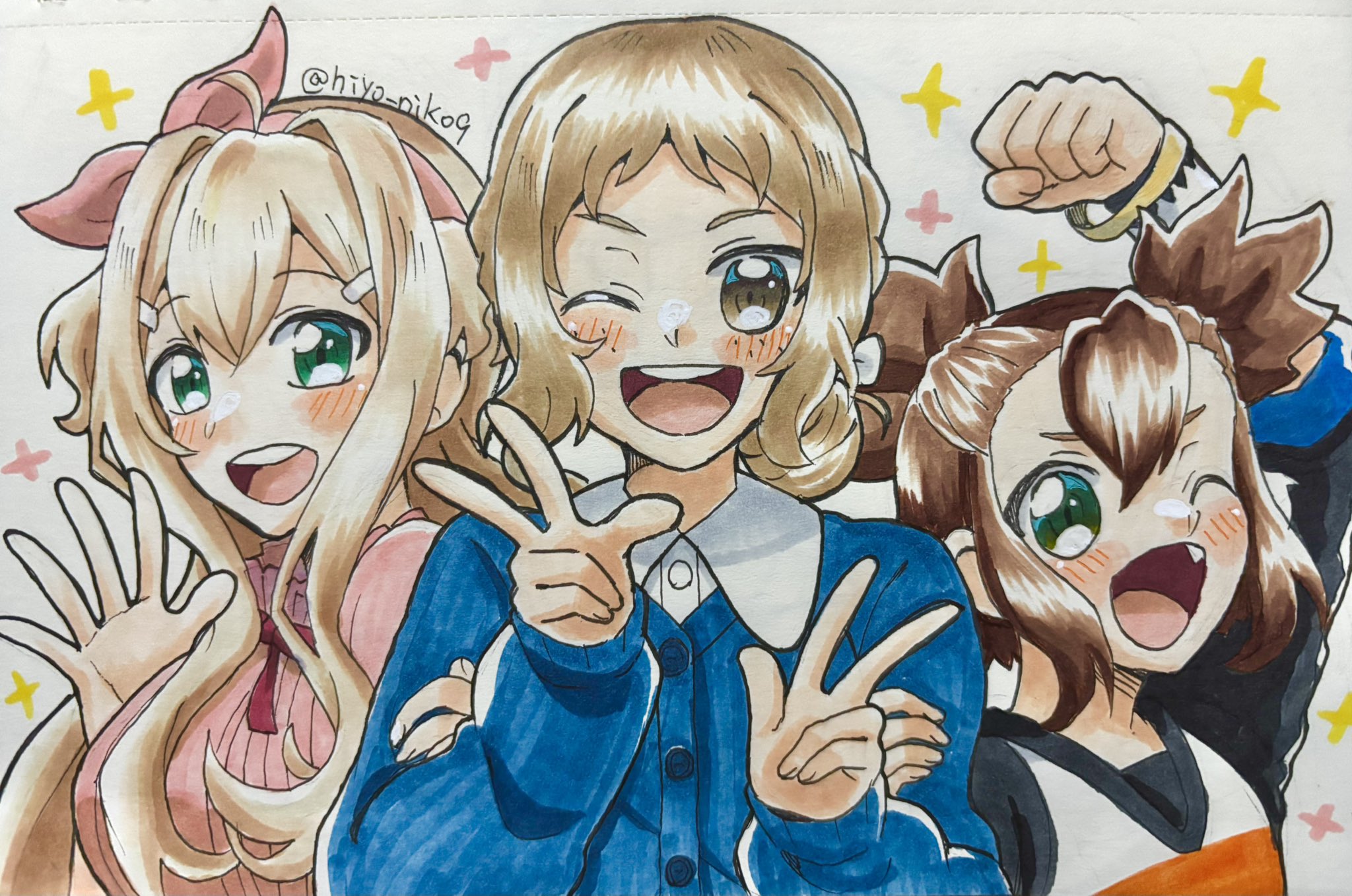 doi tamako, iyojima anzu, nogi wakaba wa yuusha de aru, yuusha de aru, highres, traditional media, 3girls, :d, ;d, aki masuzu, arm up, blonde hair, blue cardigan, blue shirt, blue sweater, blush, bow, bracelet, breasts, brown eyes, brown hair, buttons, cardigan, clenched hand, clenched hands, collared shirt, double v, double w, fang, green eyes, hair between eyes, hair bow, hair bun, hair ornament, hair ribbon, hairband, hairclip, hands up, hiyo niko9, jewelry, locked arms, long hair, long sleeves, looking at viewer, medium hair, multiple girls, neck ribbon, one eye closed, open mouth, pink bow, pink cardigan, pink hairband, pink sweater, raglan sleeves, ribbon, shirt, short hair, short sleeves, sidelocks, smile, sparkle, sweater, teeth, twintails, twitter username, upper body, upper teeth only, v, w, waving, white background, white shirt
