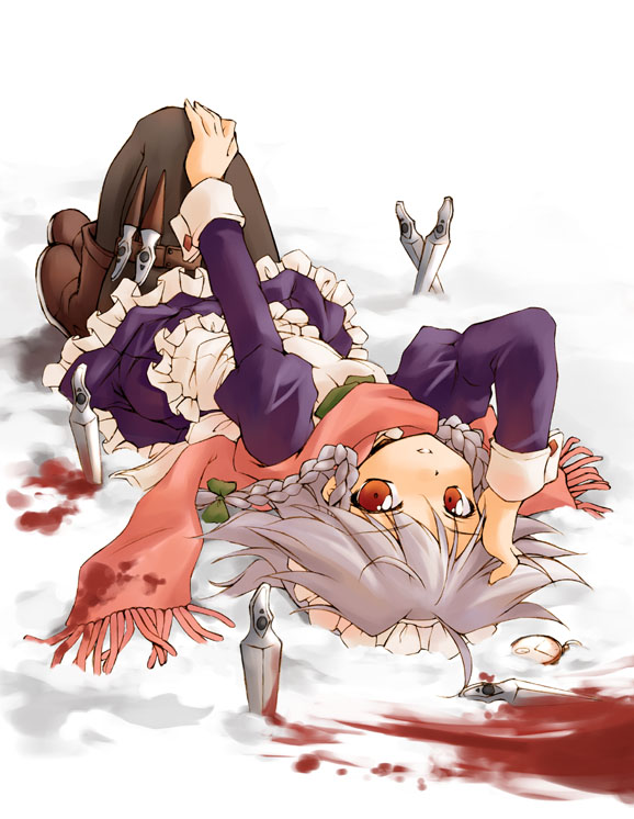 hirasaka makoto, izayoi sakuya, perfect cherry blossom, touhou, silver hair, 1girl, blood, braid, female focus, knife, pantyhose, scarf, short hair, snow, solo, throwing knife, twin braids, weapon