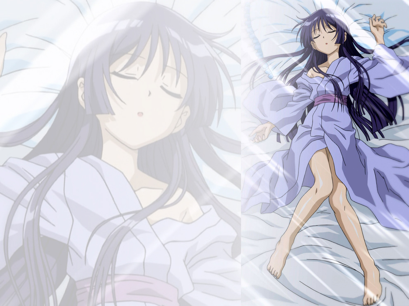 saginomiya isumi, hayate no gotoku!, non-web source, 00s, bare shoulders, barefoot, bed, black hair, feet, japanese clothes, kimono, long hair, sleeping, solo, zoom layer