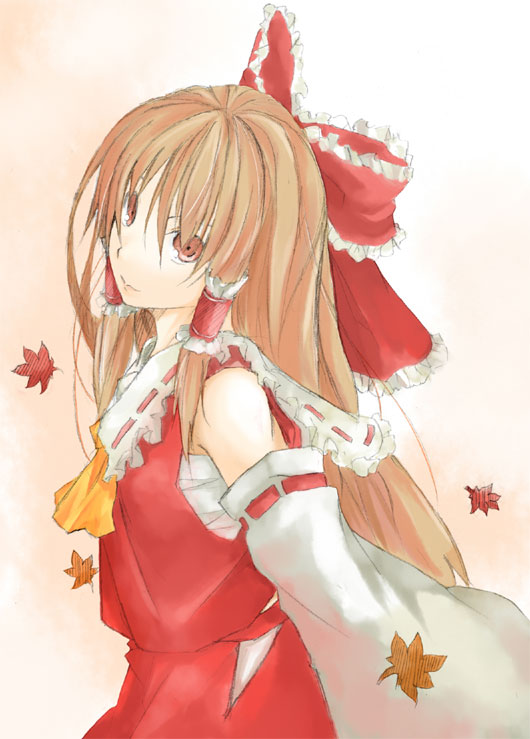 kinsenka, hakurei reimu, touhou, 1girl, ascot, autumn leaves, bow, detached sleeves, female focus, frills, hair bow, hair tubes, leaf, long hair, looking at viewer, red bow, ribbon-trimmed sleeves, ribbon trim, sidelocks, simple background, solo, very long hair, vest, white hair