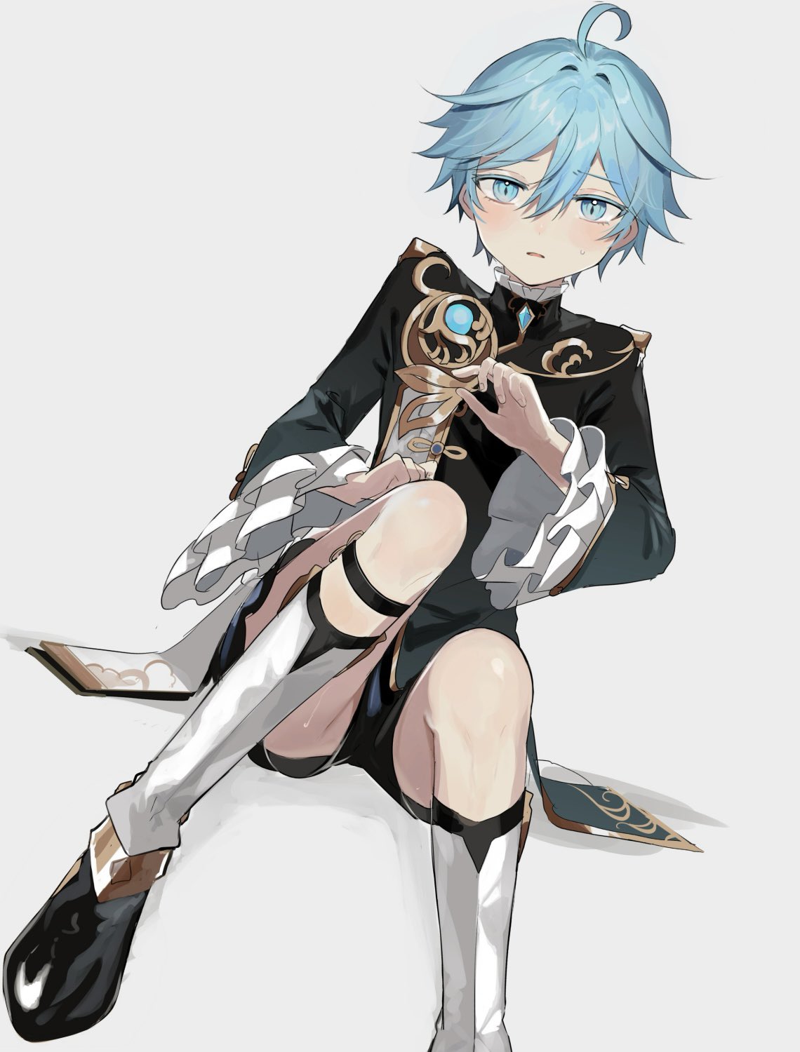 yoko (nz g), chongyun (genshin impact), xingqiu (genshin impact), genshin impact, highres, 1boy, black coat, black shoes, black shorts, blue eyes, blue hair, blush, coat, cosplay, hair between eyes, jewelry, long sleeves, male focus, open mouth, shoes, short hair, shorts, solo, thighhighs, white thighhighs, xingqiu (genshin impact) (cosplay)