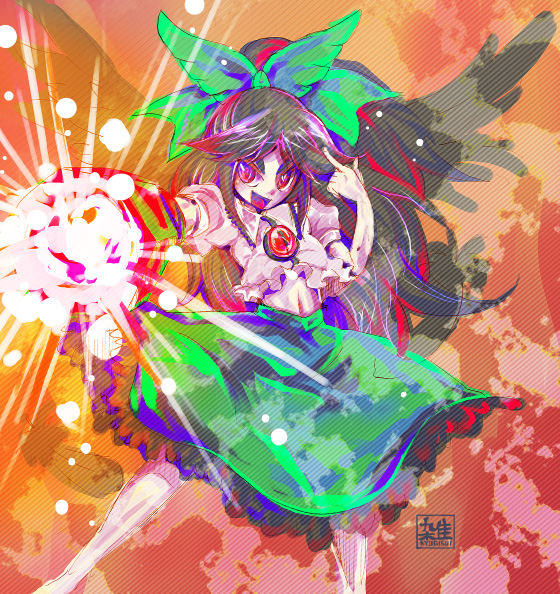 kogawa, reiuji utsuho, touhou, 1girl, :d, arm cannon, black hair, black wings, blush, female focus, firing, green skirt, light rays, long hair, looking at viewer, open mouth, ponytail, red eyes, skirt, smile, solo, very long hair, weapon, wings