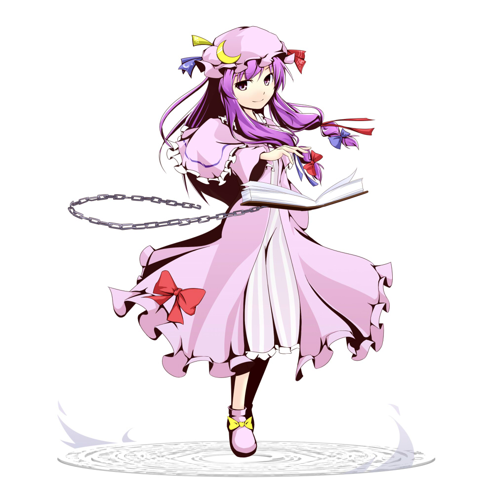 tsuyuki, tsuyuki (yukitgraph), patchouli knowledge, touhou, 1girl, book, bow, chain, female focus, magic circle, pink bow, purple hair, simple background, smile, solo