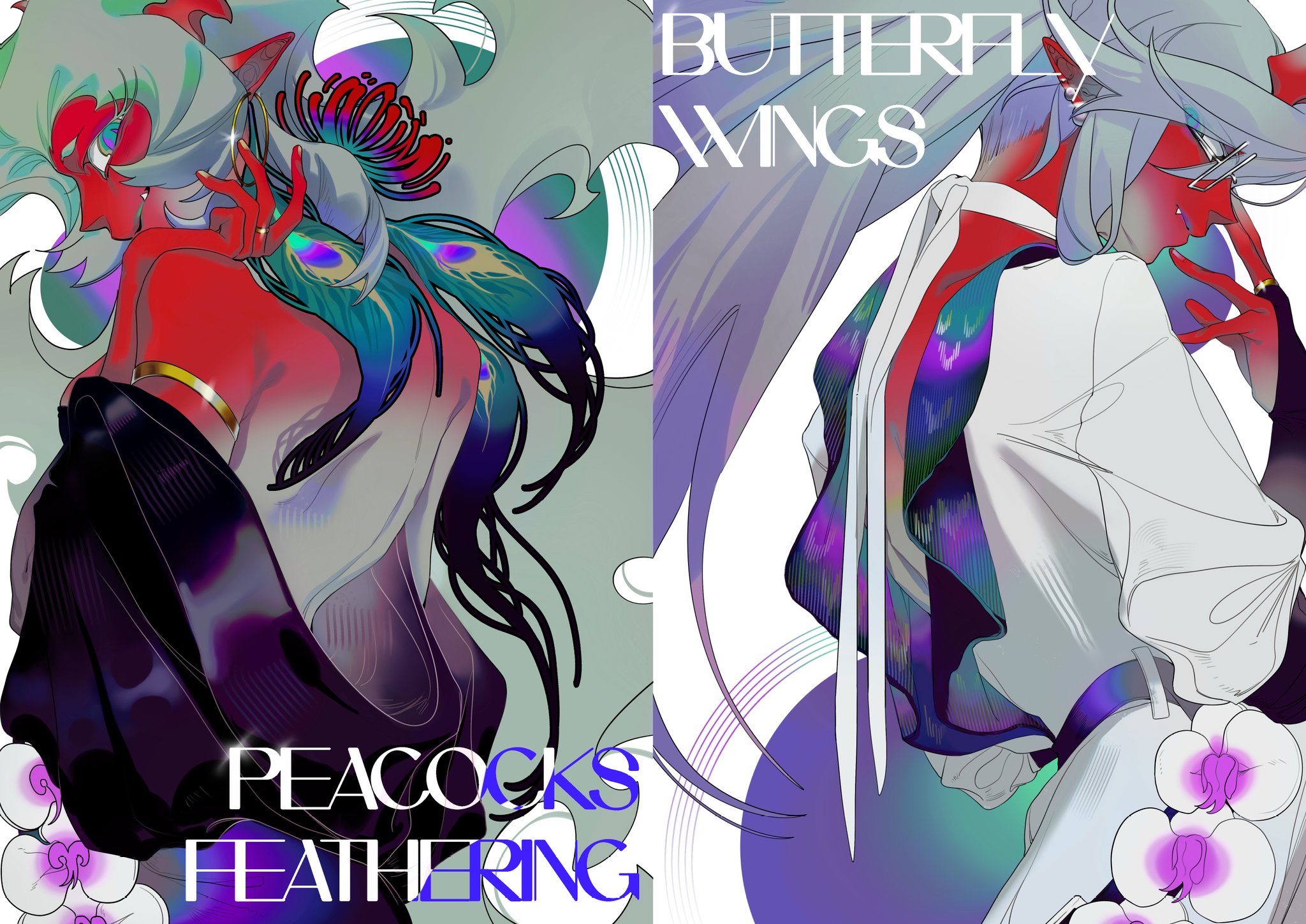guru.zong, kneesocks (psg), scanty (psg), panty & stocking with garterbelt, highres, 2girls, black dress, blue hair, breasts, colored skin, demon girl, demon horns, dress, green hair, horns, long hair, looking at another, multiple girls, red skin, slit pupils