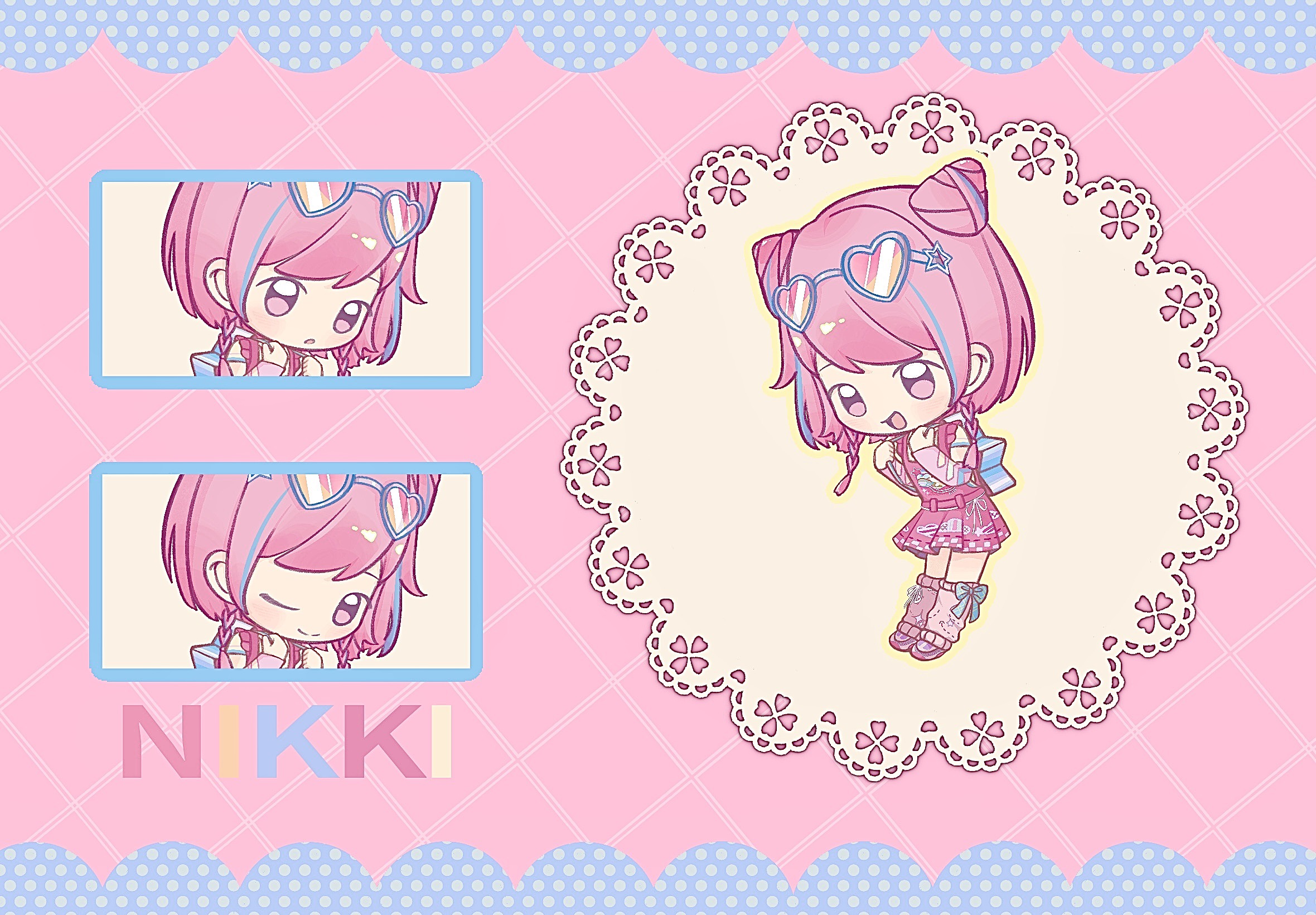 sweet rhapsody (infinity nikki), infinity nikki, nikki (series), chinese commentary, commentary request, highres, 1girl, :o, argyle background, arm cutout, backpack, bag, belt, blue bag, blue border, blue bow, border, bow, bow legwear, braid, checkered clothes, checkered dress, chibi, close-up, clothing cutout, cloud print, cone hair bun, copyright name, double bun, dress, dress ribbon, eyewear on head, fox39367, hair bun, hair ornament, heart, heart-shaped eyewear, holding, holding bag, leg warmers, letterboxed, light blush, looking ahead, multicolored hair, multiple expressions, one eye closed, open mouth, orange-tinted eyewear, outline, pinafore dress, pink arm warmers, pink background, pink belt, pink dress, pink eyes, pink hair, pink leg warmers, pink shoes, pleated dress, polka dot border, print dress, rainbow print, ribbon, ribbon legwear, shirt, shoes, short dress, short hair with long locks, short sleeves, side braids, sleeveless, sleeveless dress, smile, sneakers, standing, star-shaped bag, star (symbol), star hair ornament, streaked hair, sunglasses, t-shirt, tinted eyewear, twin braids, white-framed eyewear, white ribbon, white shirt, y2k fashion, yellow outline
