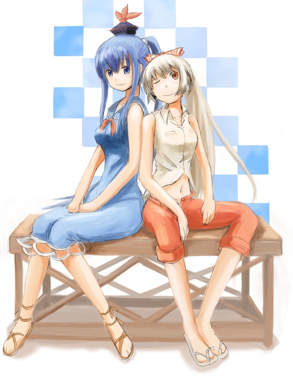 kokotetsu, fujiwara no mokou, kamishirasawa keine, touhou, 2girls, alternate costume, alternate hairstyle, bench, blue eyes, blue hair, casual, checkered background, collared shirt, female focus, hat, long hair, looking at viewer, midriff, multiple girls, navel, one eye closed, pants, pants rolled up, ponytail, red eyes, sandals, shirt, sitting, sleeveless, smile, white background, white hair, wing collar