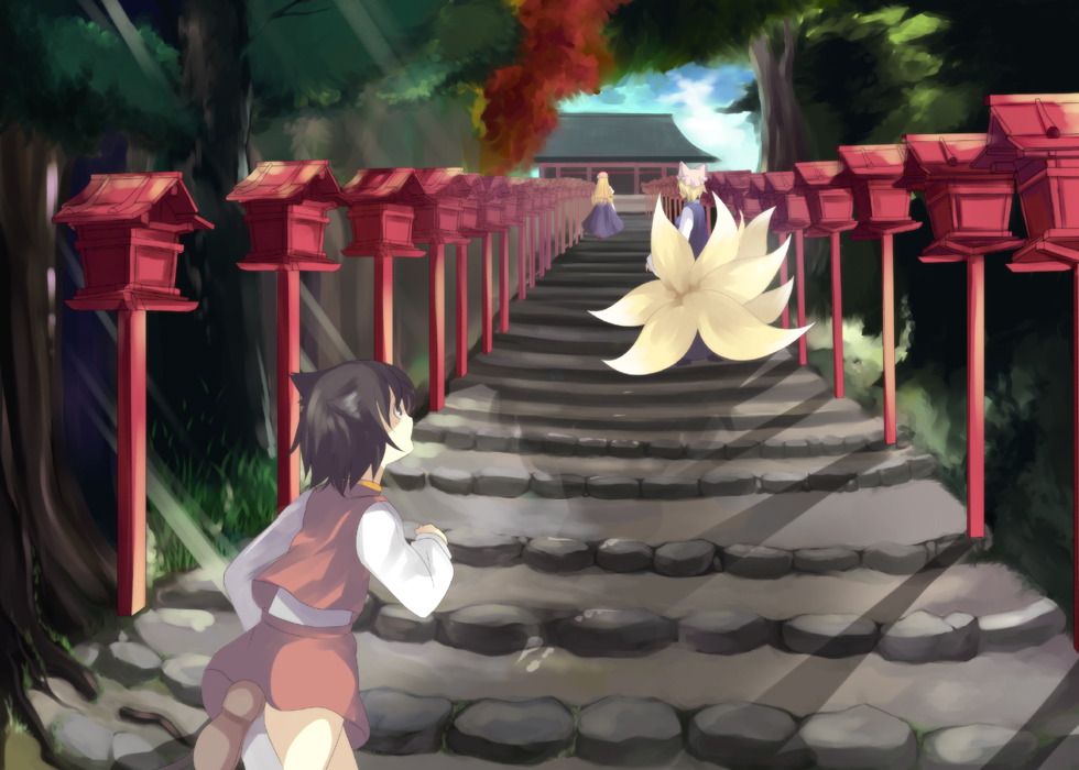 harano, chen, yakumo ran, yakumo yukari, touhou, 3girls, animal ears, blonde hair, brown hair, cat ears, cat girl, cat tail, female focus, fox tail, hat, long hair, multiple girls, multiple tails, no headwear, short hair, stairs, tail, tree
