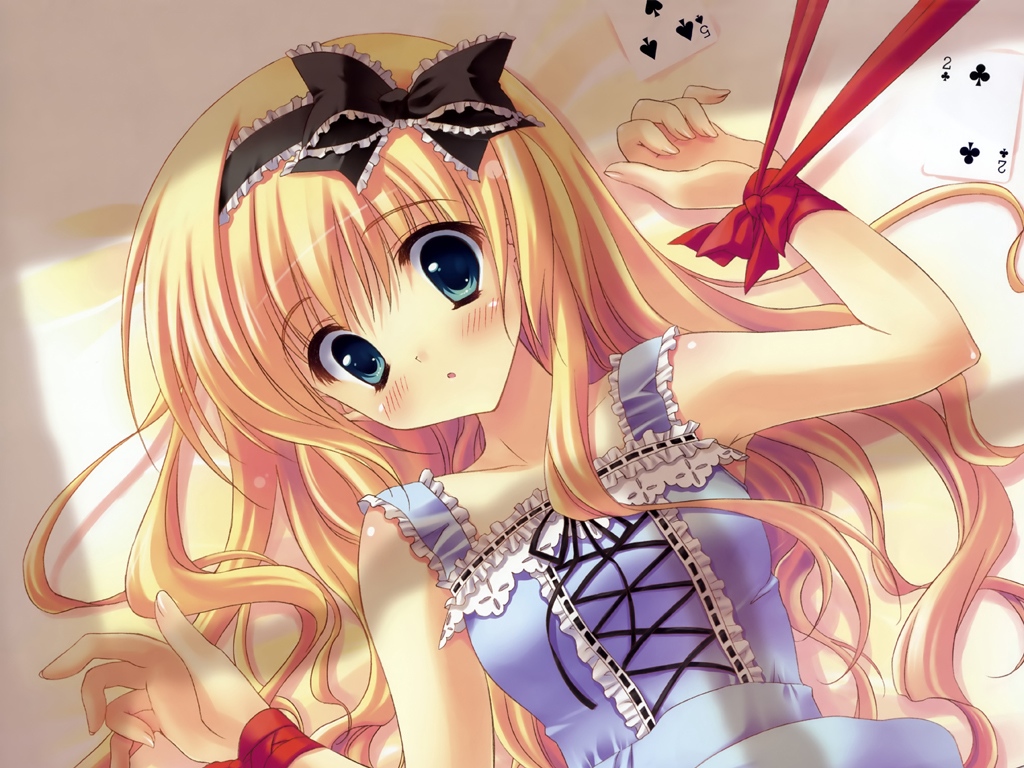 ryouka (suzuya), original, non-web source, 1girl, bdsm, blonde hair, bondage, bound, card, dress, female focus, frills, green eyes, hair ribbon, long hair, lying, ribbon, ribbon bondage, solo