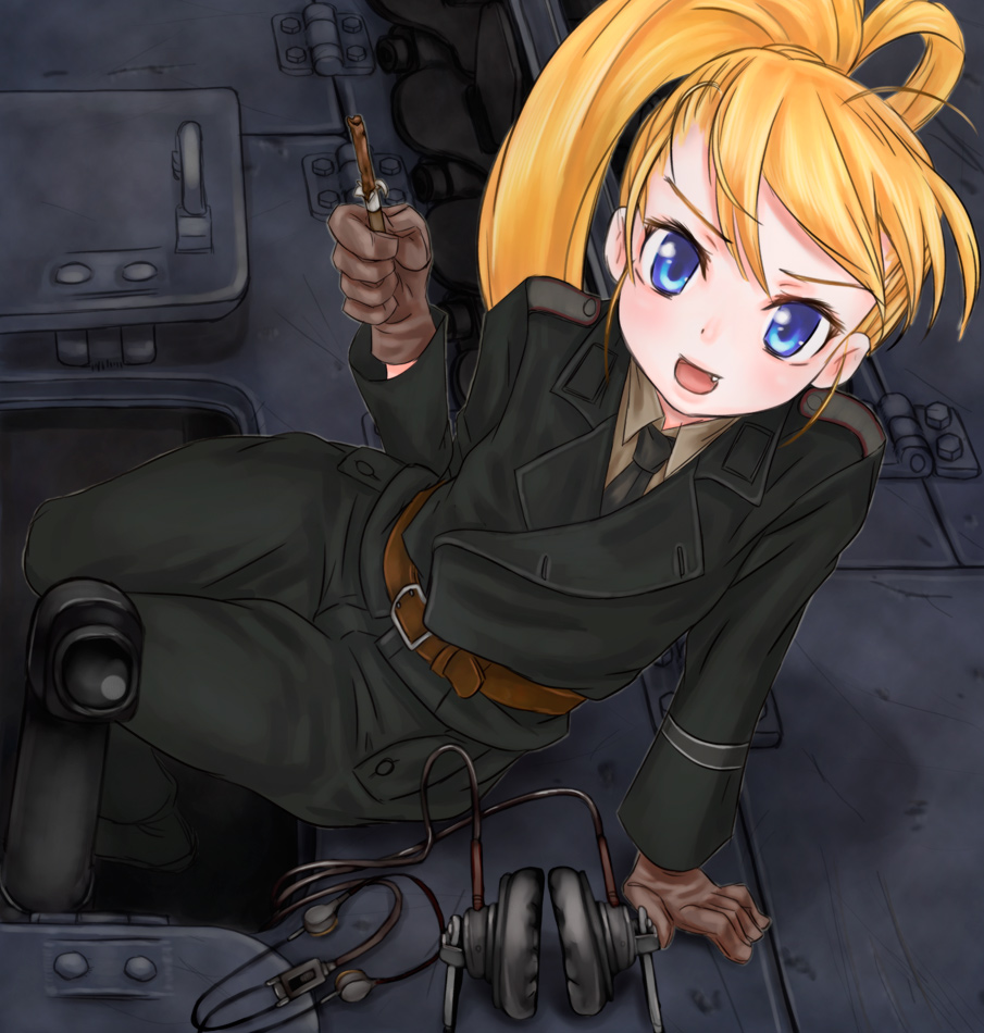 scharfschutze, bad id, bad pixiv id, blonde hair, blue eyes, fang, long hair, ponytail, solo