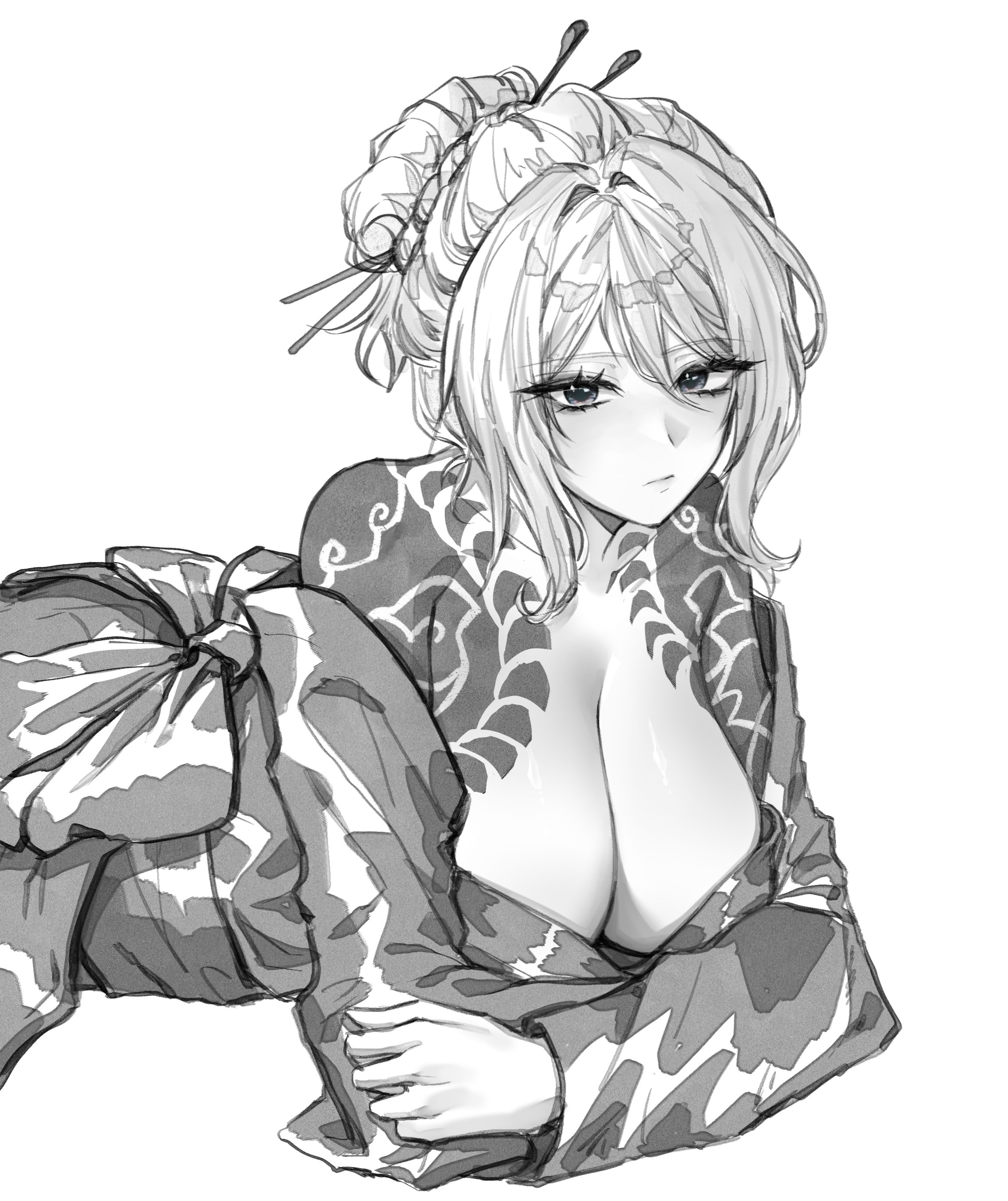 sipyung, faust (project moon), kurokumo clan (identity) (project moon), limbus company, project moon, absurdres, highres, 1girl, arm tattoo, breasts, cleavage, cloud tattoo, e.g.o (project moon), greyscale, monochrome, shoulder tattoo, simple background, solo, tattoo, upper body, white background