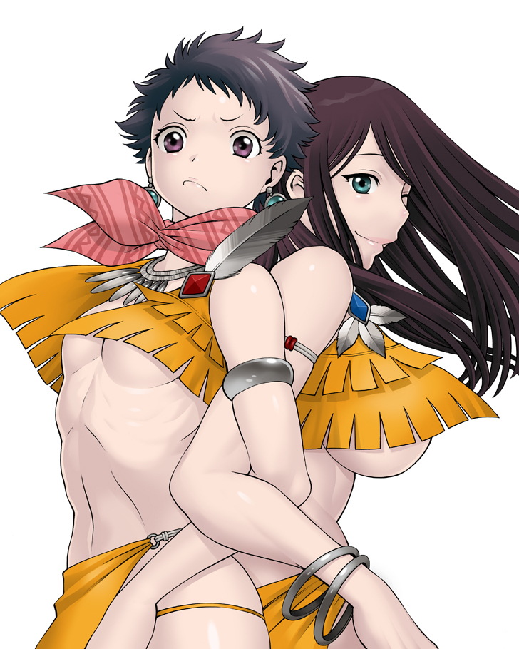tamaki nozomu, hijikata hyou, himeka (himegami), hakodate youjin buraichou himegami, 2girls, back-to-back, black hair, bracelet, breasts, brown hair, earrings, green eyes, jewelry, large breasts, locked arms, long hair, midriff, multiple girls, necklace, no bra, purple eyes, scarf, short hair, standing, underboob, wink