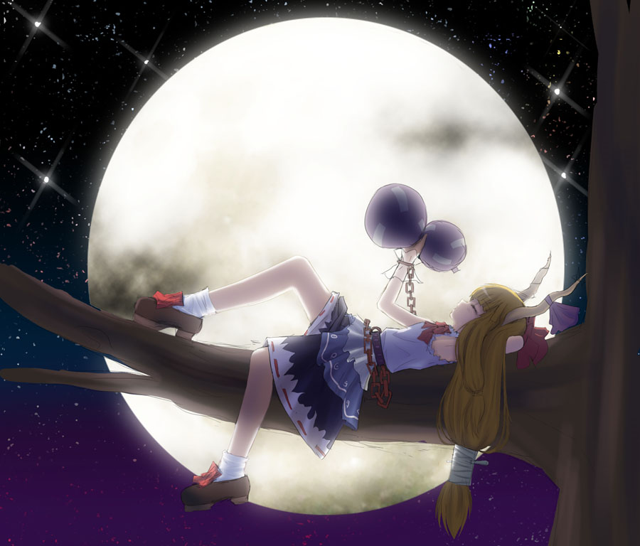 bohammed, ibuki suika, touhou, 1girl, drink, female focus, full moon, gourd, horns, long hair, moon, ribbon, solo